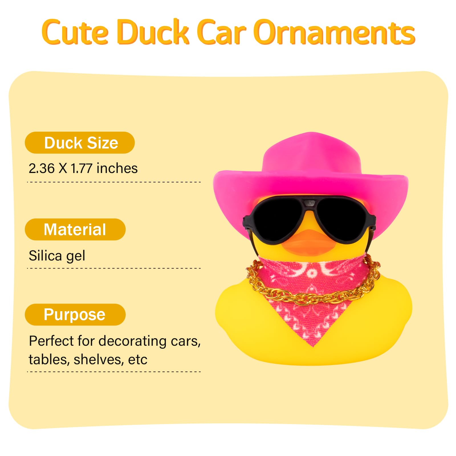 wonuu Car Dashboard Decoration Cowboy Hat Rubber Duck, Car Ducks Ornaments with Mini Colorful Hat Necklace Sunglasses Scarf (Pin