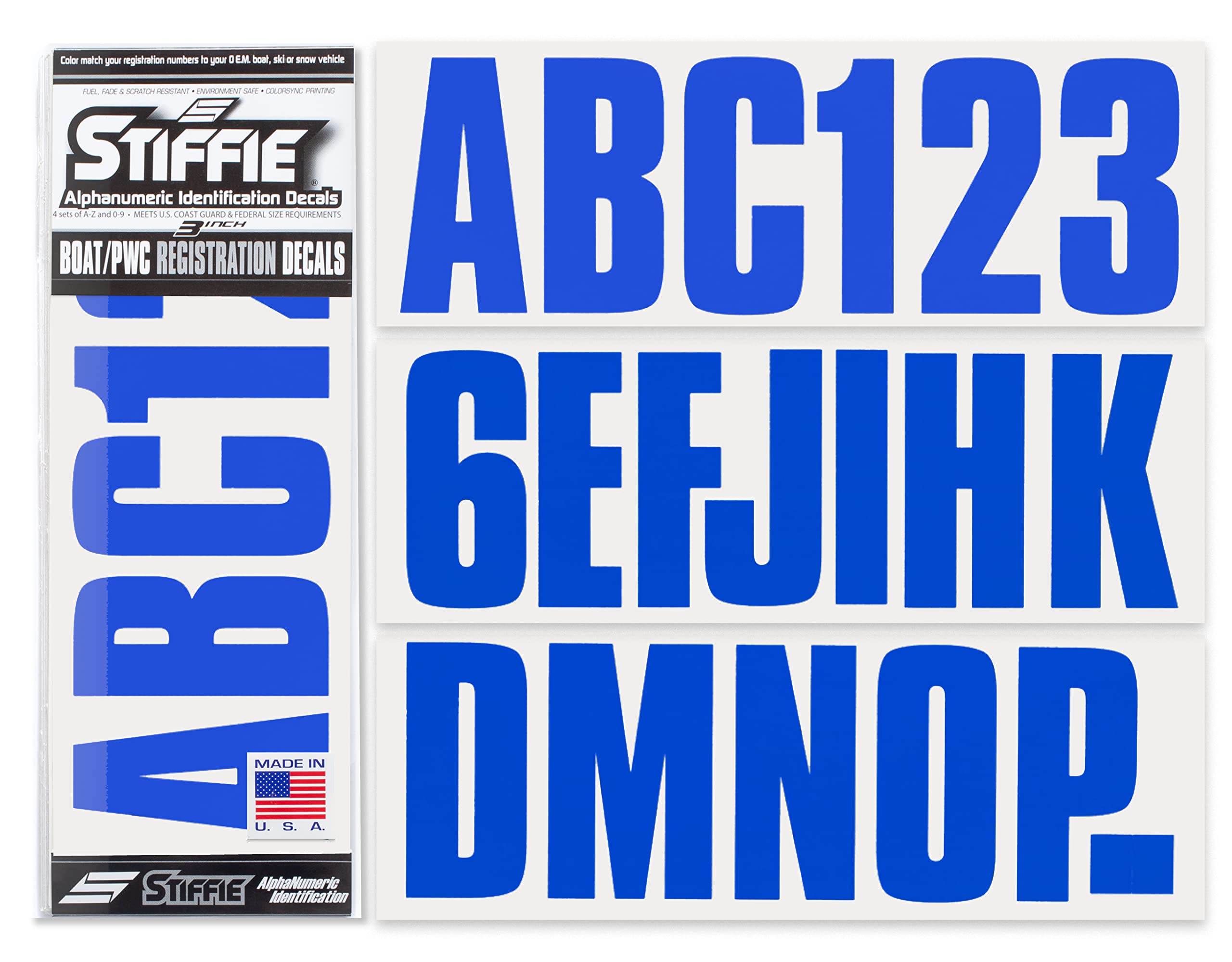 Stiffie Uniline Blue 3 Id Kit Alpha-Numeric Registration Identification Numbers Stickers Decals For Boats & Personal Watercraft