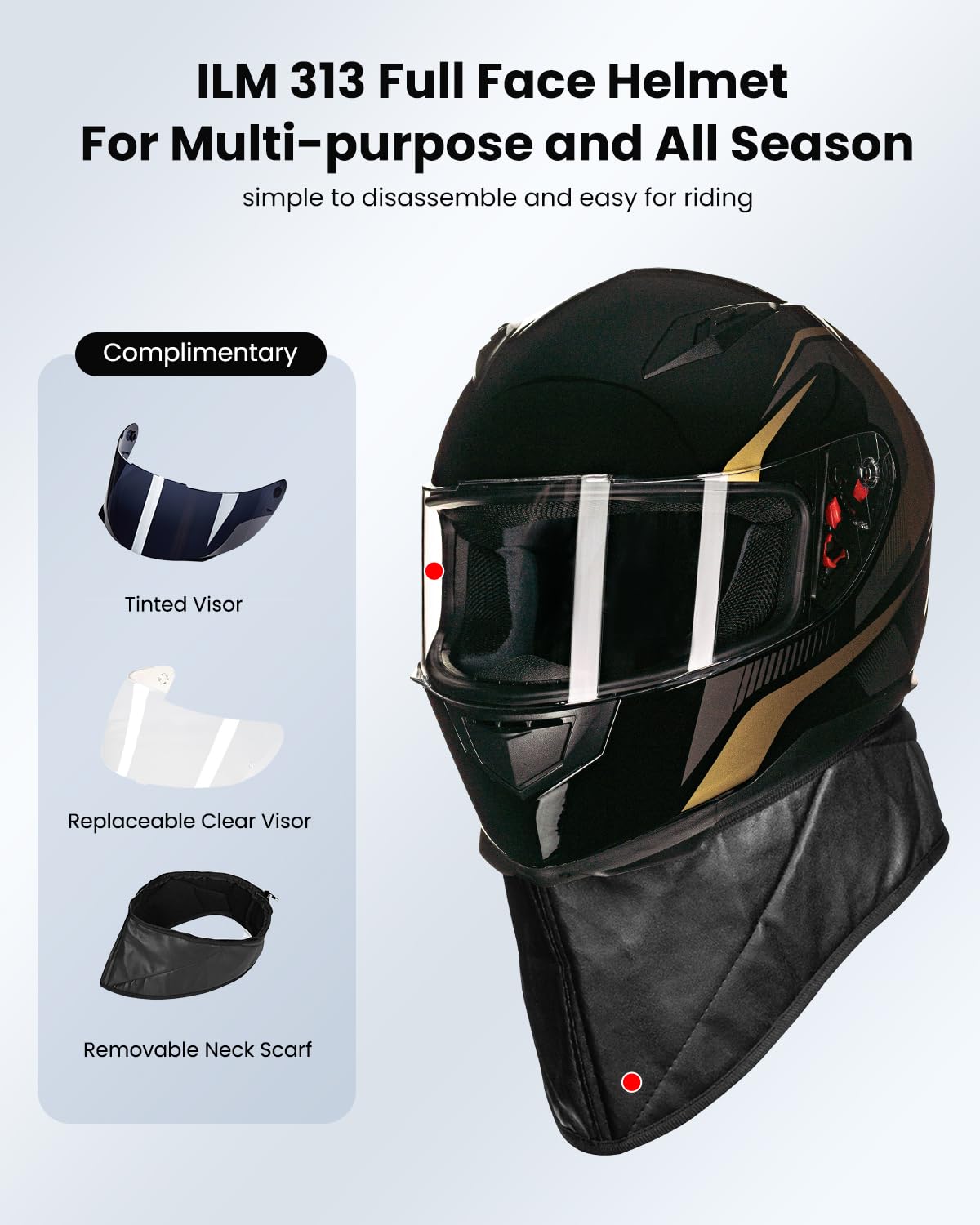 Ilm Full Face Motorcycle Street Bike Helmet With Removable Winter Neck Scarf + 2 Visors Dot Model-Jk313 (M, Golden)