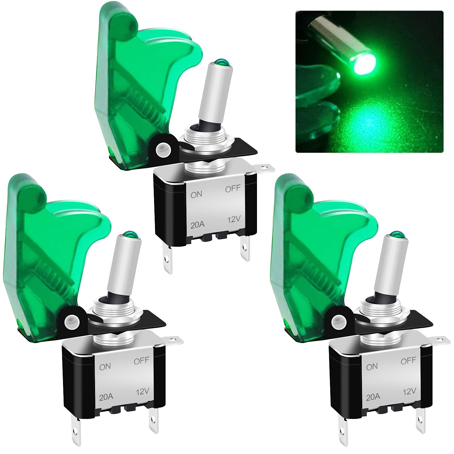 Twidec/3Pcs Rocker Toggle Switch 12V 20A Heavy Duty Racing Car Automotive Auto Spst On/Off Toggle Switch Green Led Light Illuminated 3Pin With Green Waterproof Safety Cover Asw-07Dggmz