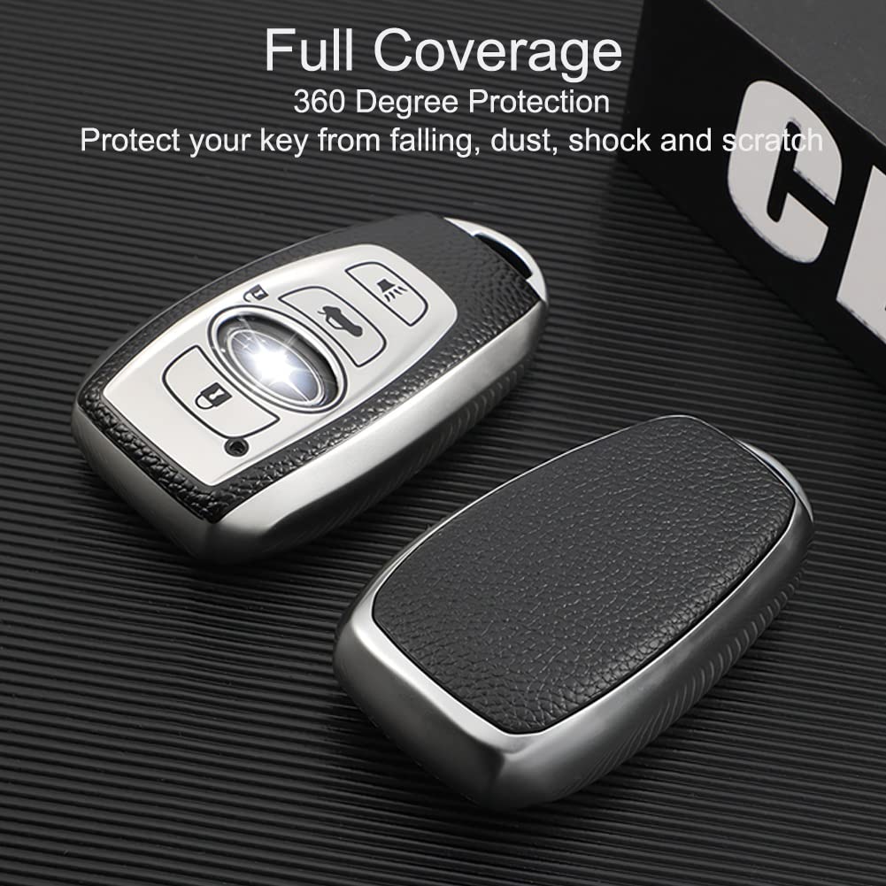 Cacacar For Subaru Key Fob Cover, Premium Soft Tpu Leather Full Cover Protection Key Fob Case For Subaru Forester Outback Brz Legacy Crosstrek Smart Key Protector,Silver