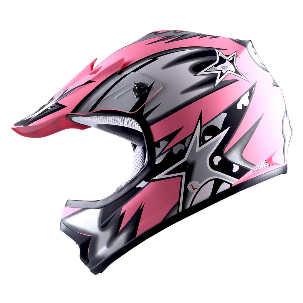1Storm Youth Motocross Helmet Bmx Mx Atv Dirt Bike Helmet Matt Star Pink + Goggles + Mg Youth Pink Glove Bundle