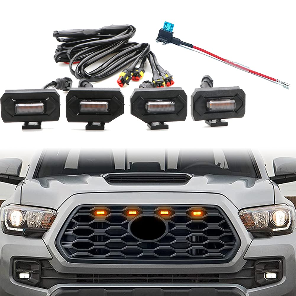 4Pcs Led Grill Lights For Tacoma 2020 2021 2022 2023 Oem Grille, Including Trd Off Road And Sport Models Raptor Style Led Light (Amber Light With Black Housing)
