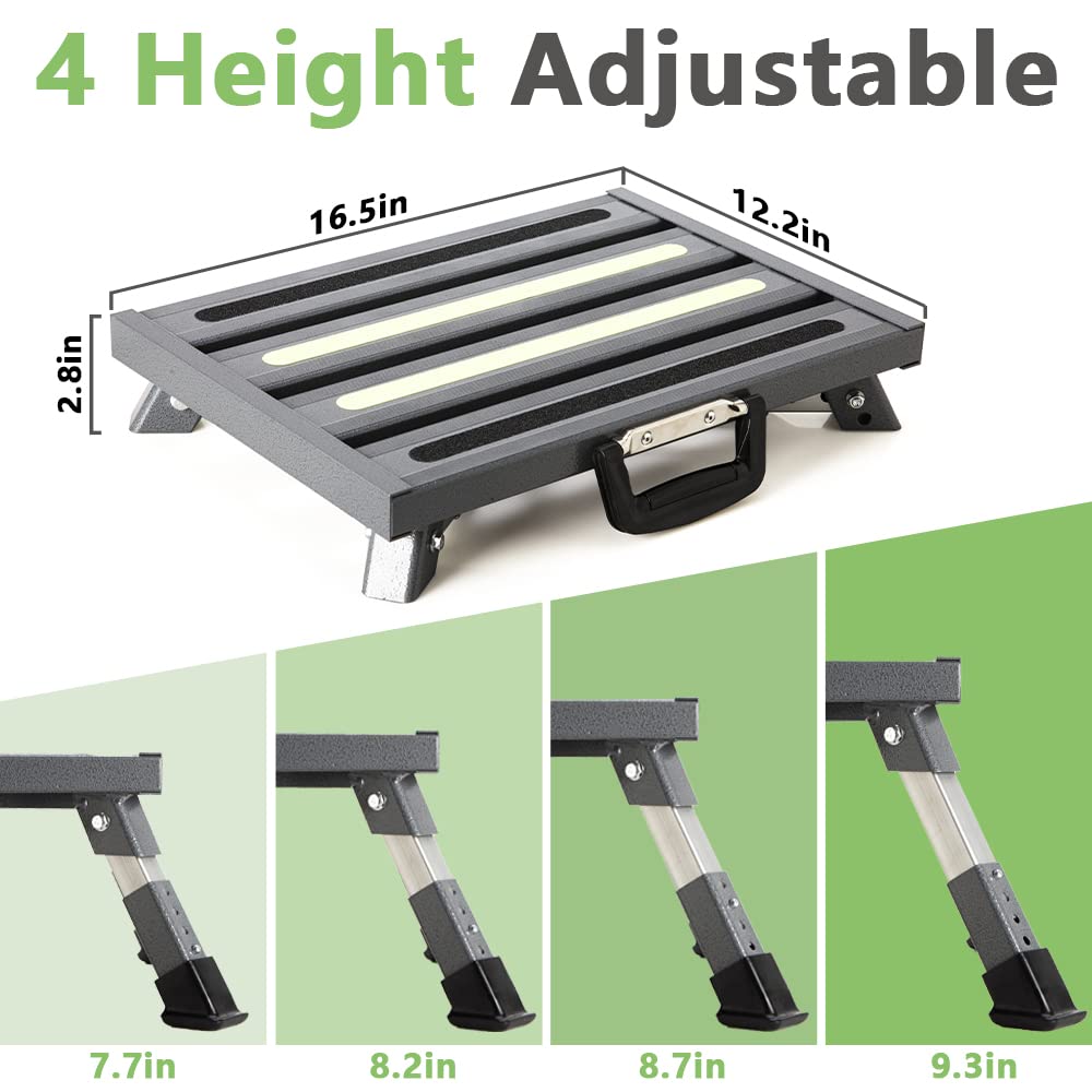 Garfatolrv Rv Steps, 4-Level Adjustable Height Folding Camper Steps, Grey Hammer-Tone Non-Slip Fluorescent Strip Aluminum Platfo
