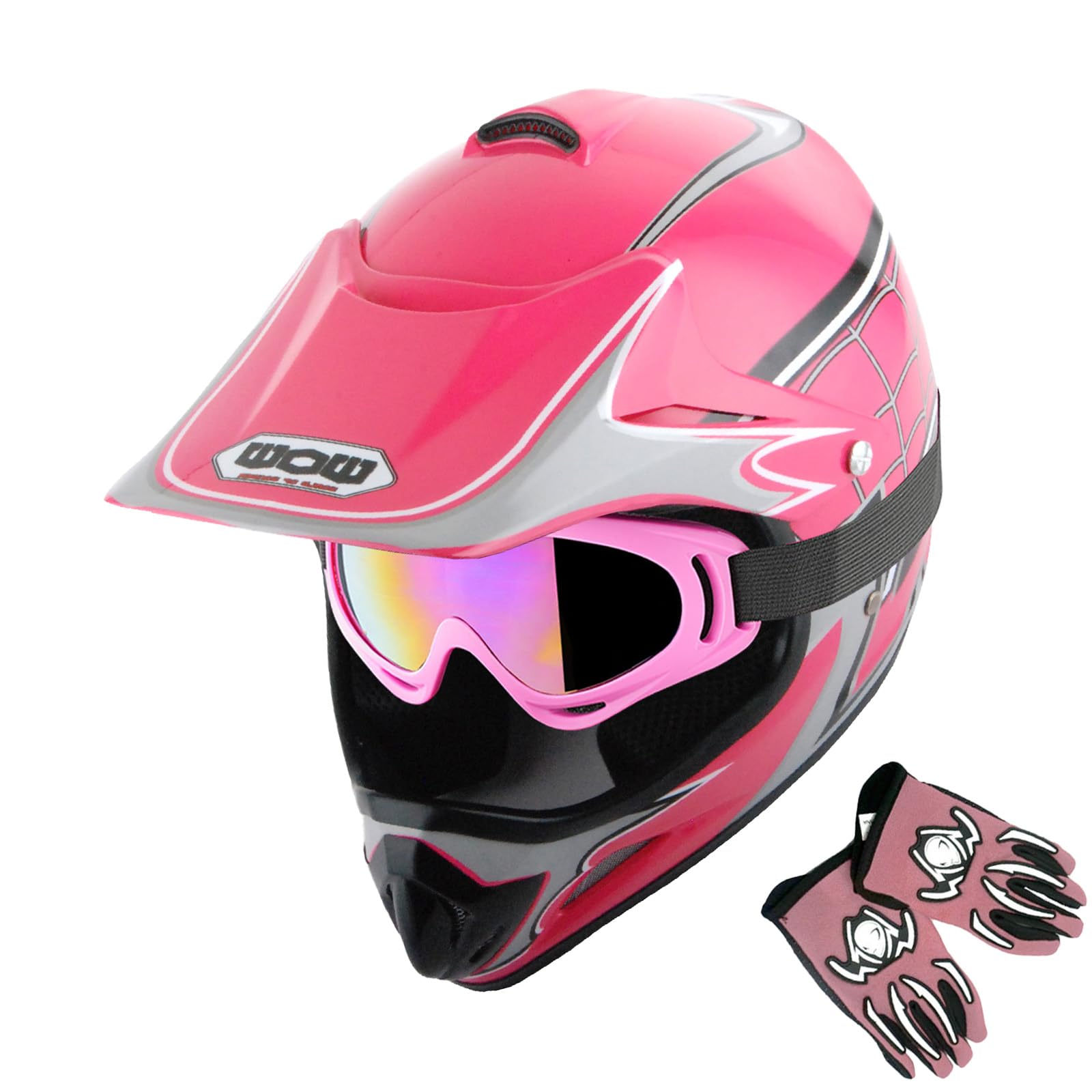 Wow Youth Motocross Helmet Bmx Mx Atv Dirt Bike Helmet Spider Web Pink + Goggles + Martian Skull Pink Glove Bundle