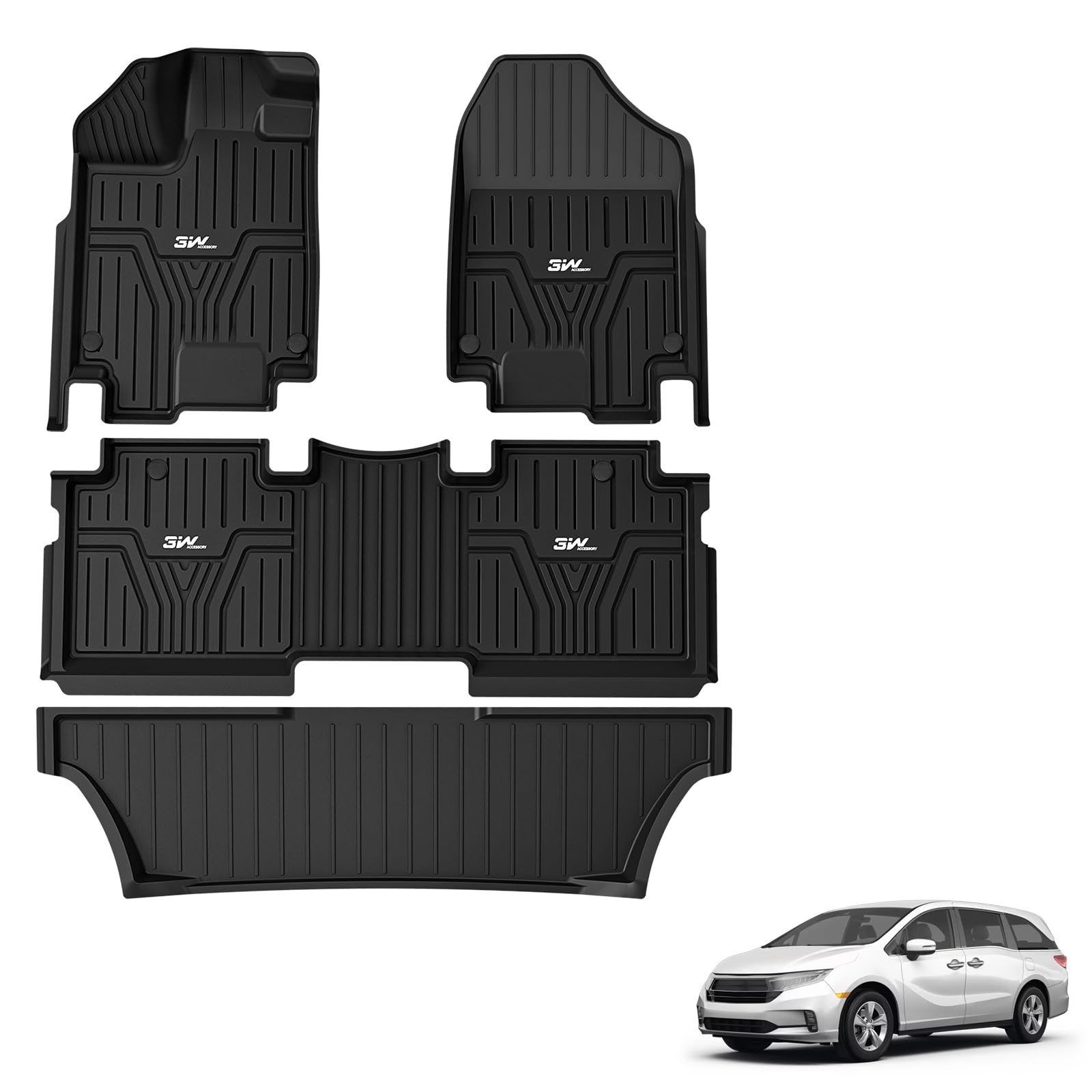 3W Floor Mats Fit For Honda Odyssey 2018-2025,Tpe All Weather Custom Fit Floor Liner 1St, 2Nd 3Rd Row Car Mats,Black