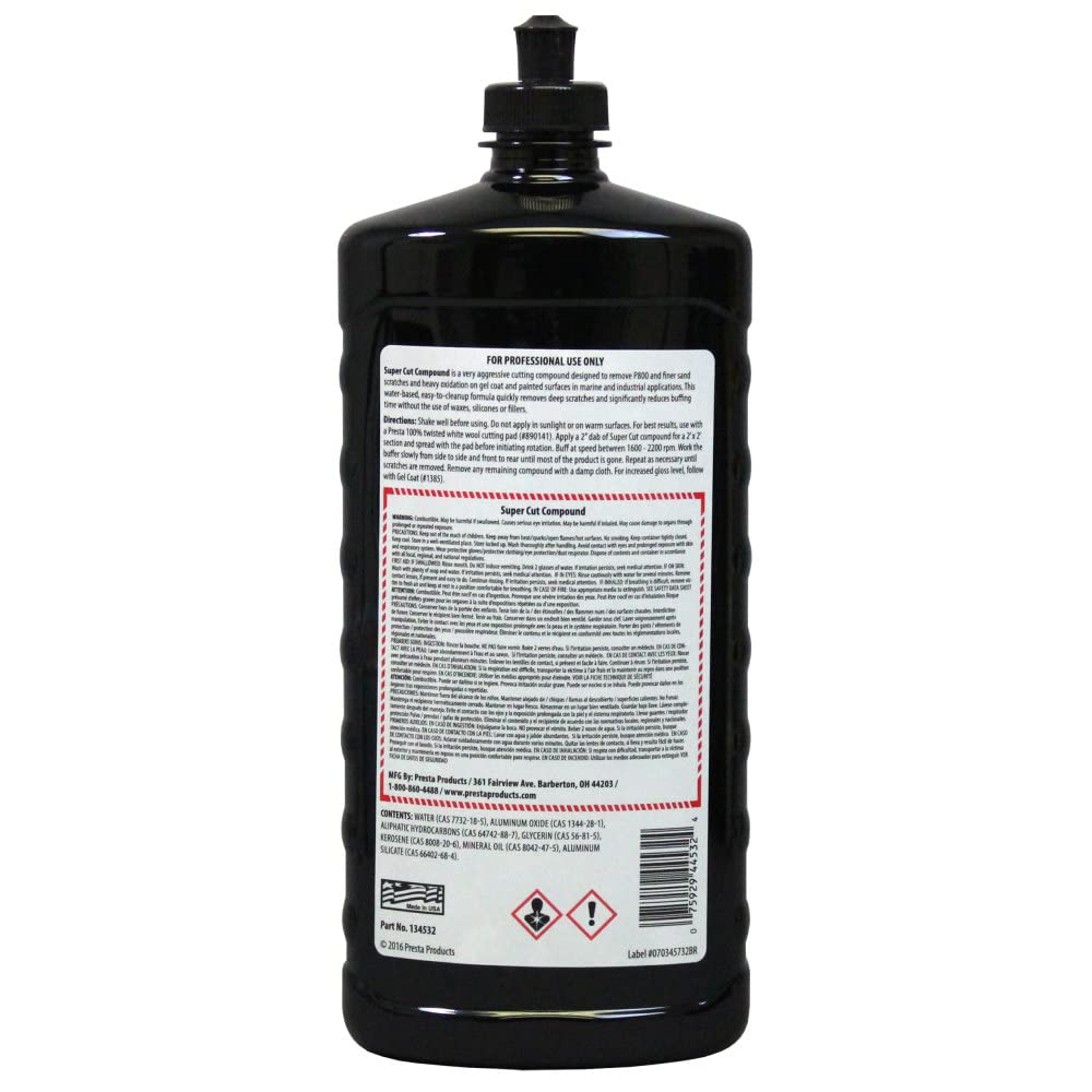 Presta 134532 Super Cut Compound For Removing P800 Grit, Heavy Sand Scratches And Oxidation - 32 Oz.
