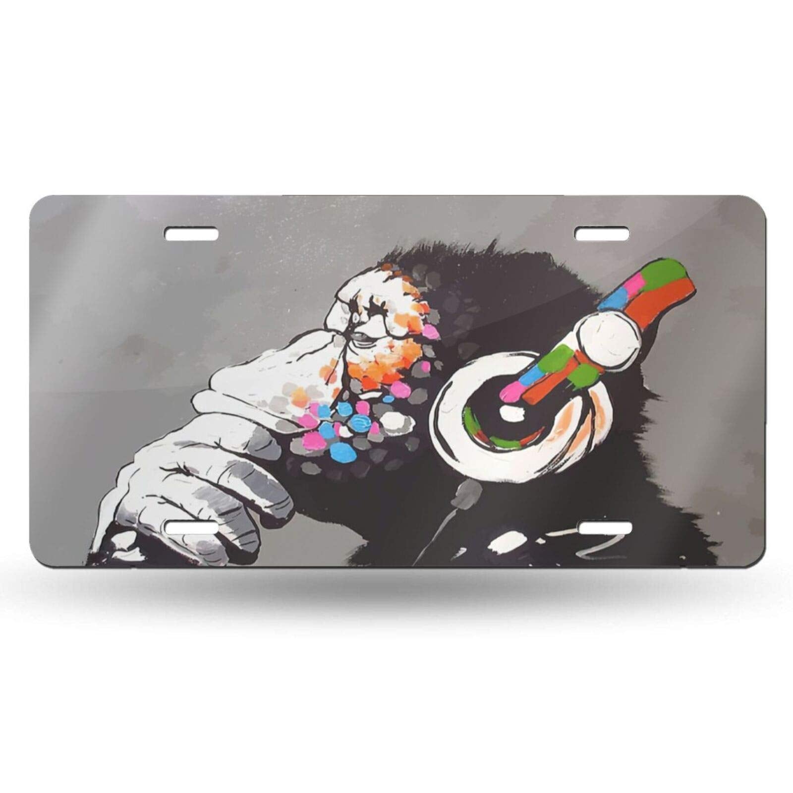 Banksy Dj Monkey Thinker With Headphones License Plate Decorative Car Front,Metal Car Plate,License Plate,Vanity Tag,Aluminum No