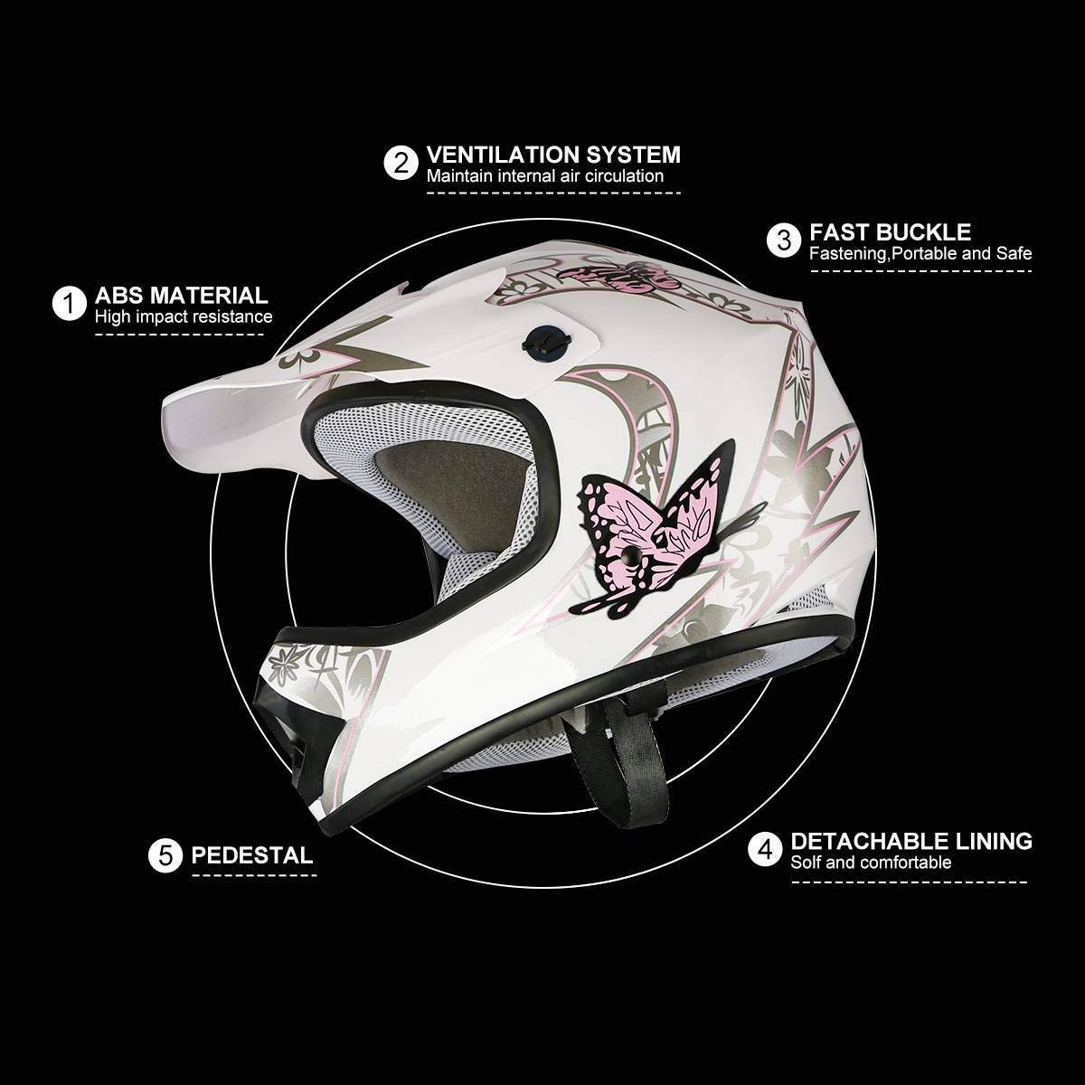 Slmoto Dot Youth Kids Helmet Motocross Offroad Street Helmet Motorcycle Helmet Dirt Bike Motocross Atv Pink Butterfly Design Helmet Goggles Gloves Large
