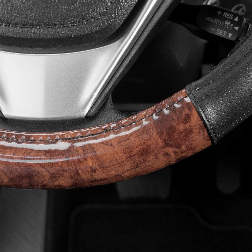 Bdk Dark Wood Grain Steering Wheel Cover With Black Faux Leather Comfort Grip, Standard 15 Inch Size, Car Steering Wheel Cover F