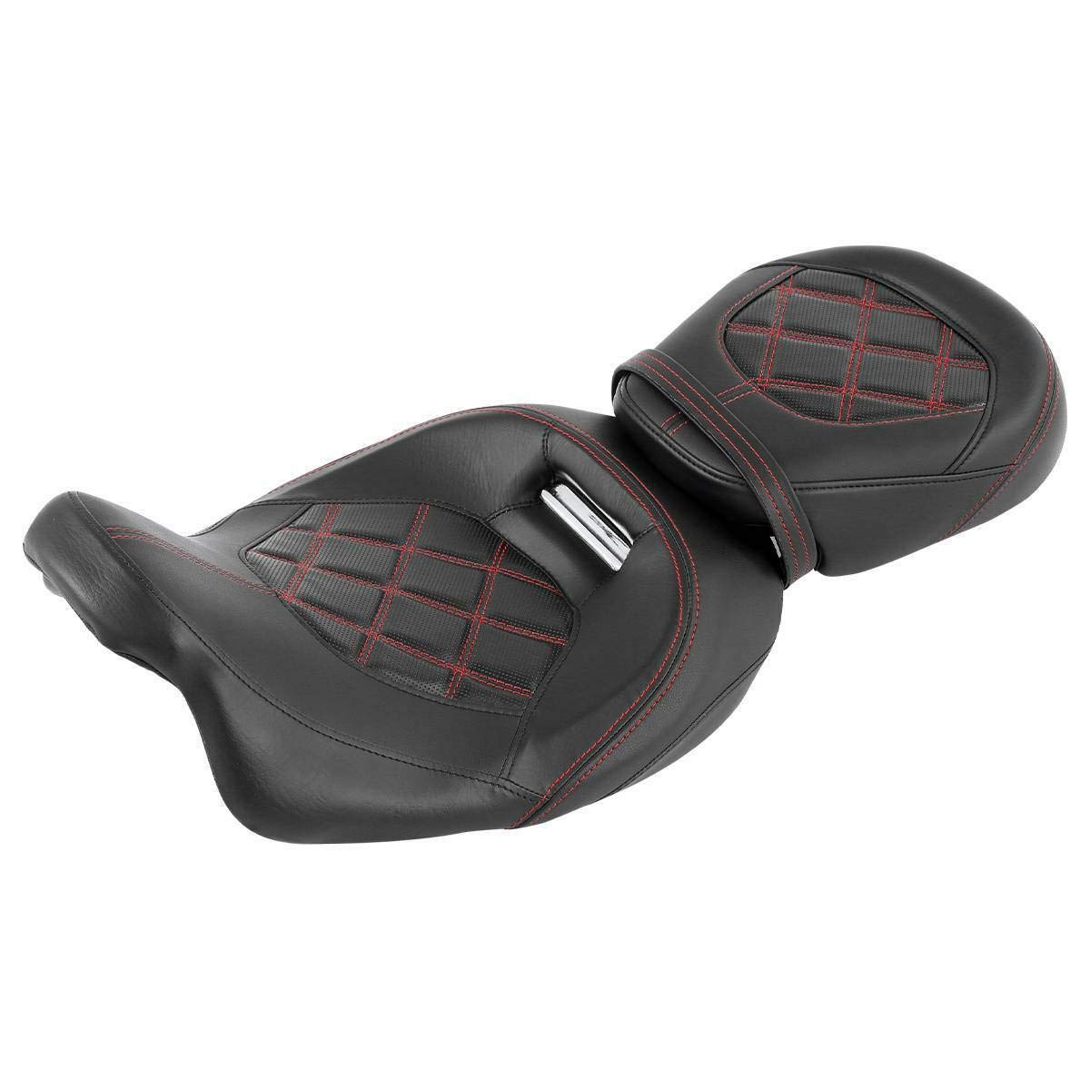 Low-Profile Driver Passenger 2-Up Seat Set Red Stitching Fit For Harley Touring Road King Flhr Street Glide Flhx 2009-Later Road Glide Fltrx Cvo Street Glide Flhxse Electra Glide Flhtcu