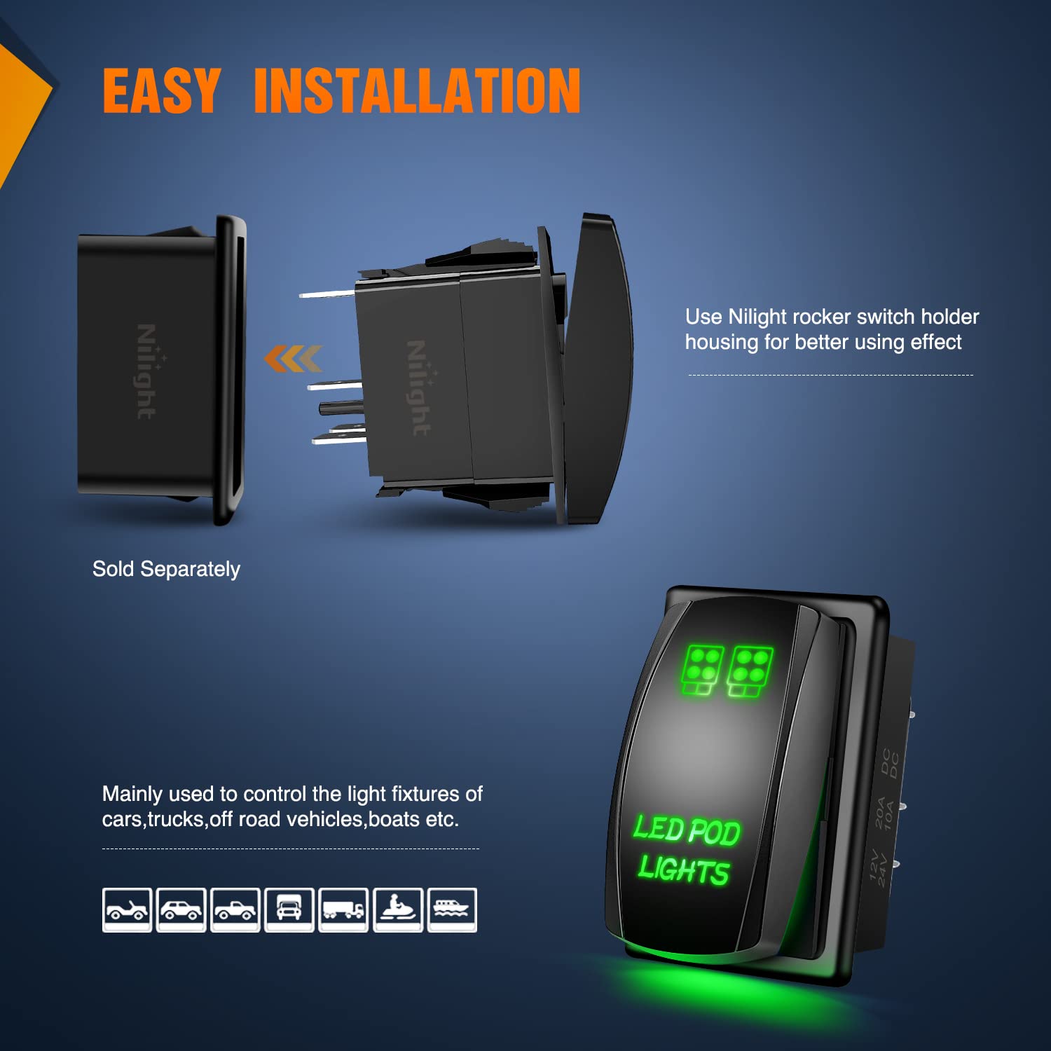 Nilight Led Pod Lights Rocker Switch Led Light Bar 5Pin Laser On/Off Switches 20A/12V 10A/24V With Jumper Wires Set For Cars,Tru