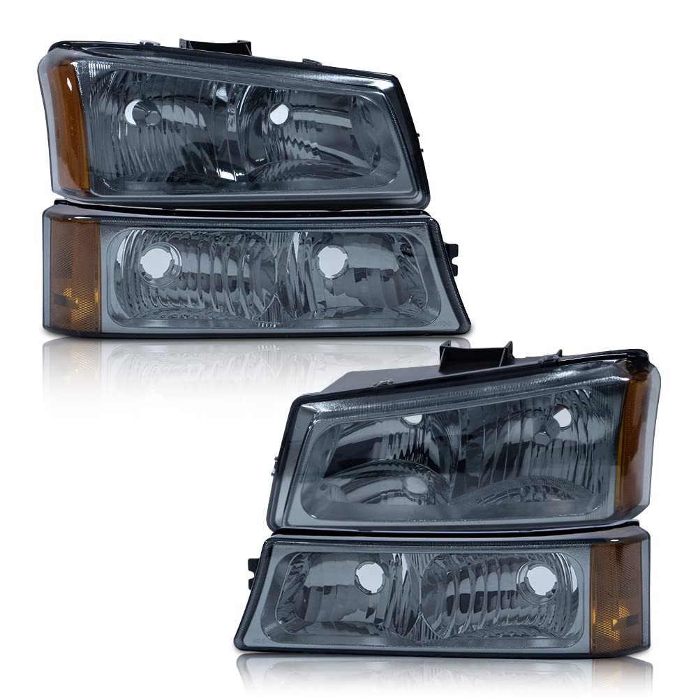 Pit66 Headlights, Compatible With 03-06 Chevy Silverado 1500 2500 3500 Hd Models/03-06 Avalanche 1500 2500(Fit No Cladding Only) Smoky Lens Chrome Housing Amber Corner