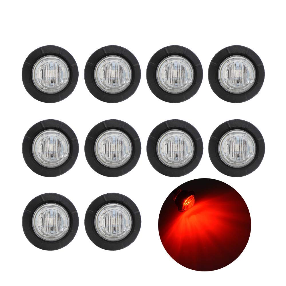 Tmh 10 Pcs 3/4 Inch Clear Lens Red Led 3 Diodes Round Clearance Side Marker Indicator Lights With Rubber For Pickup Truck Traile