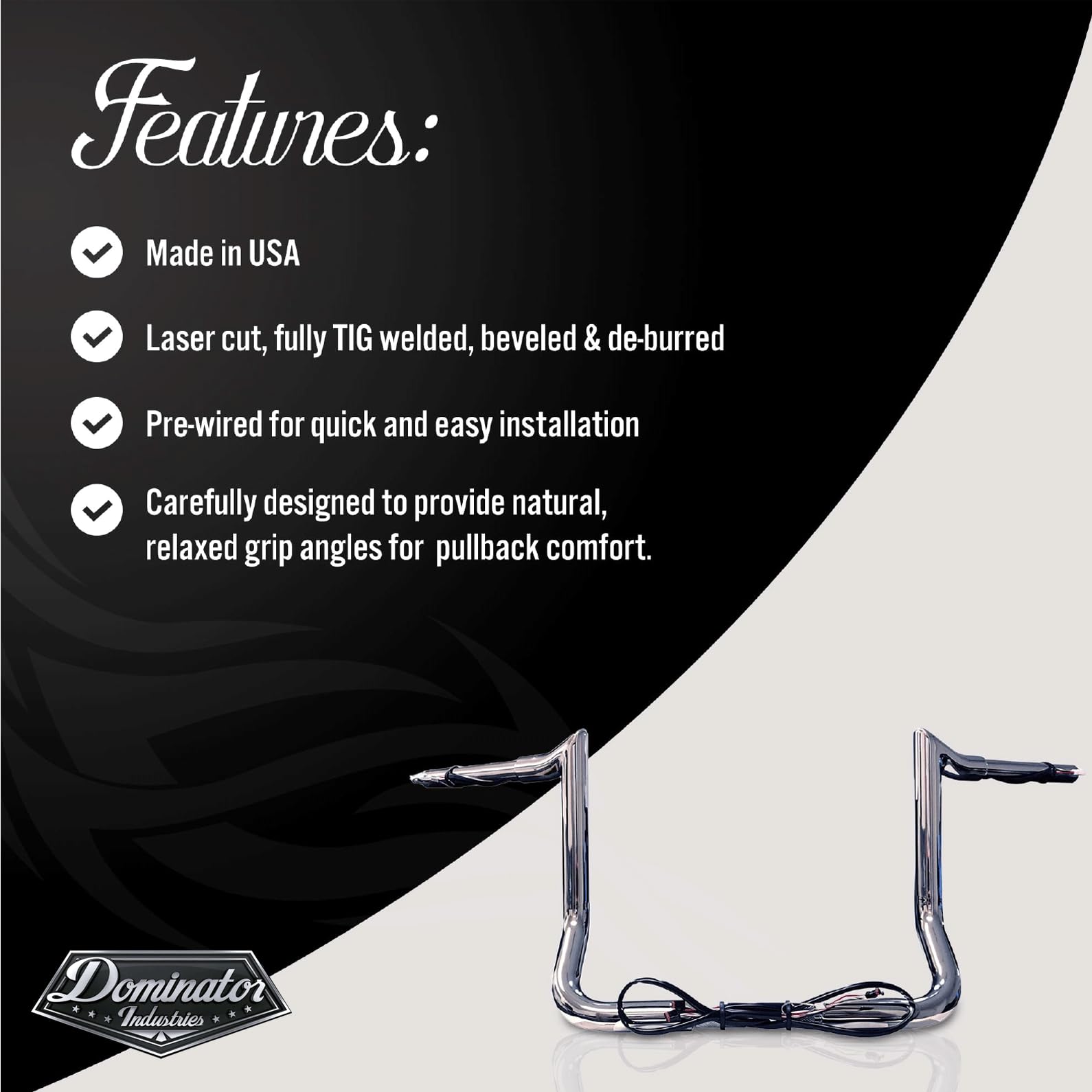 Dominator Industries 1 1/4' Pre-Wired 12' Meathook Bar Ape Hanger Handlebar Compatible With 2014-2023 Harley-Davidson Bagger Touring Electra, Street Glide, Special, Ultra Limited, Low (Chrome)