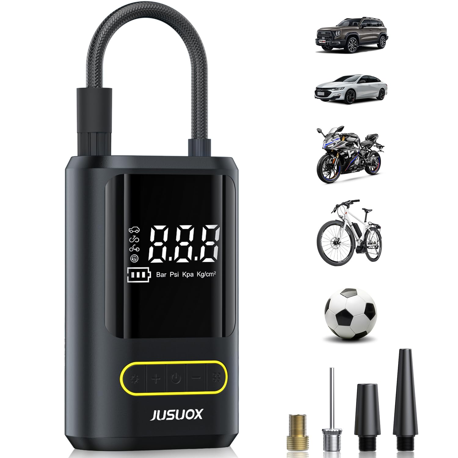 JUSUOX Tire Inflator Portable Air Compressor, Electric Bike Pump with Digital Pressure Gauge, 150 PSI Cordless Air Pump for Car 
