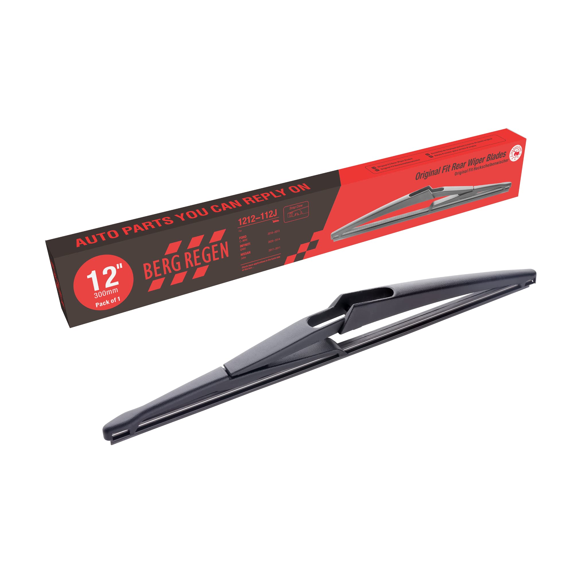 Berg Regen Rear Wiper Blades 12 Inch (12-J), Replacement For Rogue 2021-2008, Juke 17-11, Kicks 20-18, Pathfinder 20-13, Qashqai