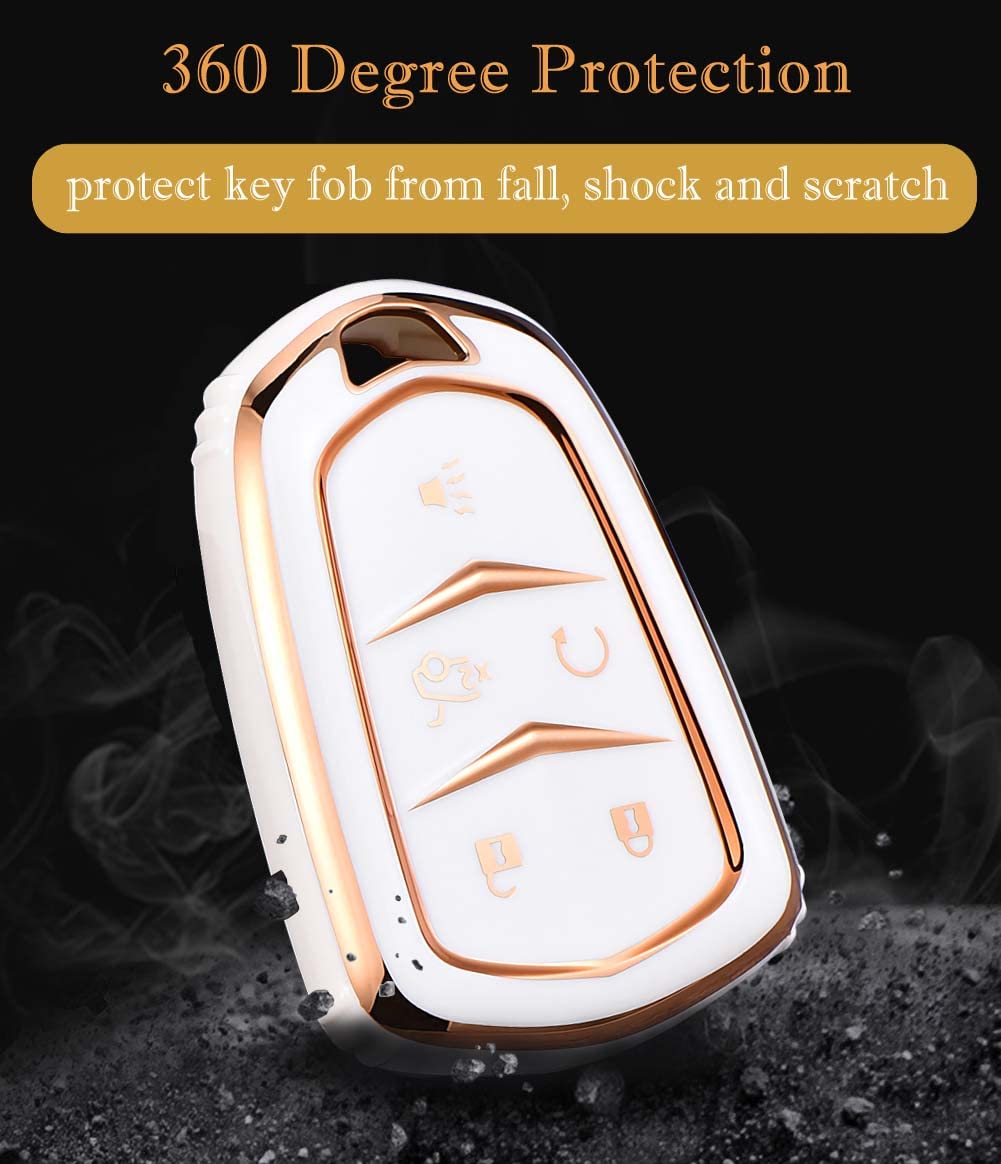 Cacacar For Cadillac Key Fob Cover With Keychain, For Cadillac Escalade Ats Cts Ct6 Sts Srx Xt5 Key Fob Case Premium Soft Tpu Full Protection Smart Key Holder (B-Black)