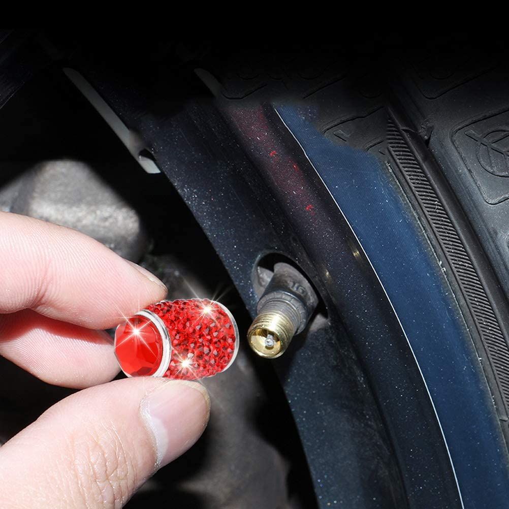 Tobequeen Bling Tire Valve Caps Red, 4 Pack Handmade Crystal Rhinestone Valve Stem Covers Universal Dustproof Bling Car Accessories For Car/Suv/Motorcycle/Bike(Red)