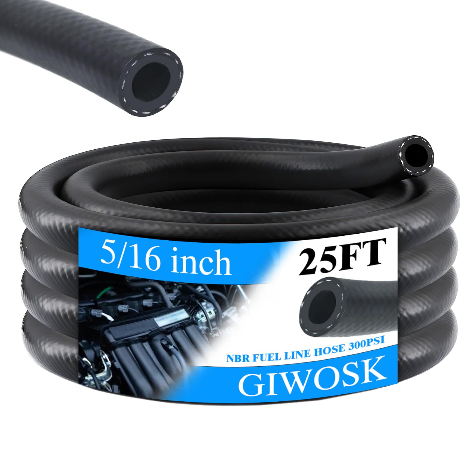 GIWOSK 25Ft 5/16'' ID Fuel Line Hose, NBR Rubber Hose High Pressure 300PSI Boat Fuel Tube for Motorcycles, Marine Boat Outboard,