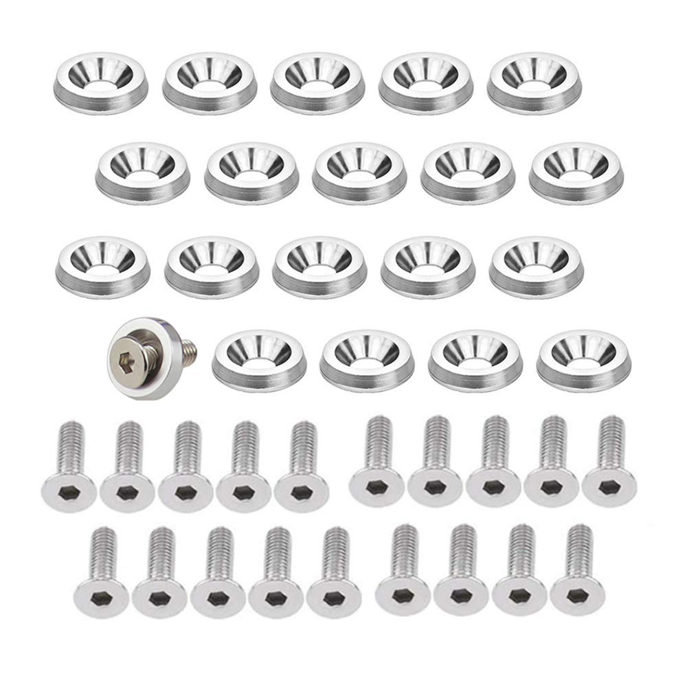 Ouhl 20Pcs Aluminum Bumper Fender Washer Bolt Bumper Washer Bolt Engine Bay M6 Screw Dress Up Kit (Silver)