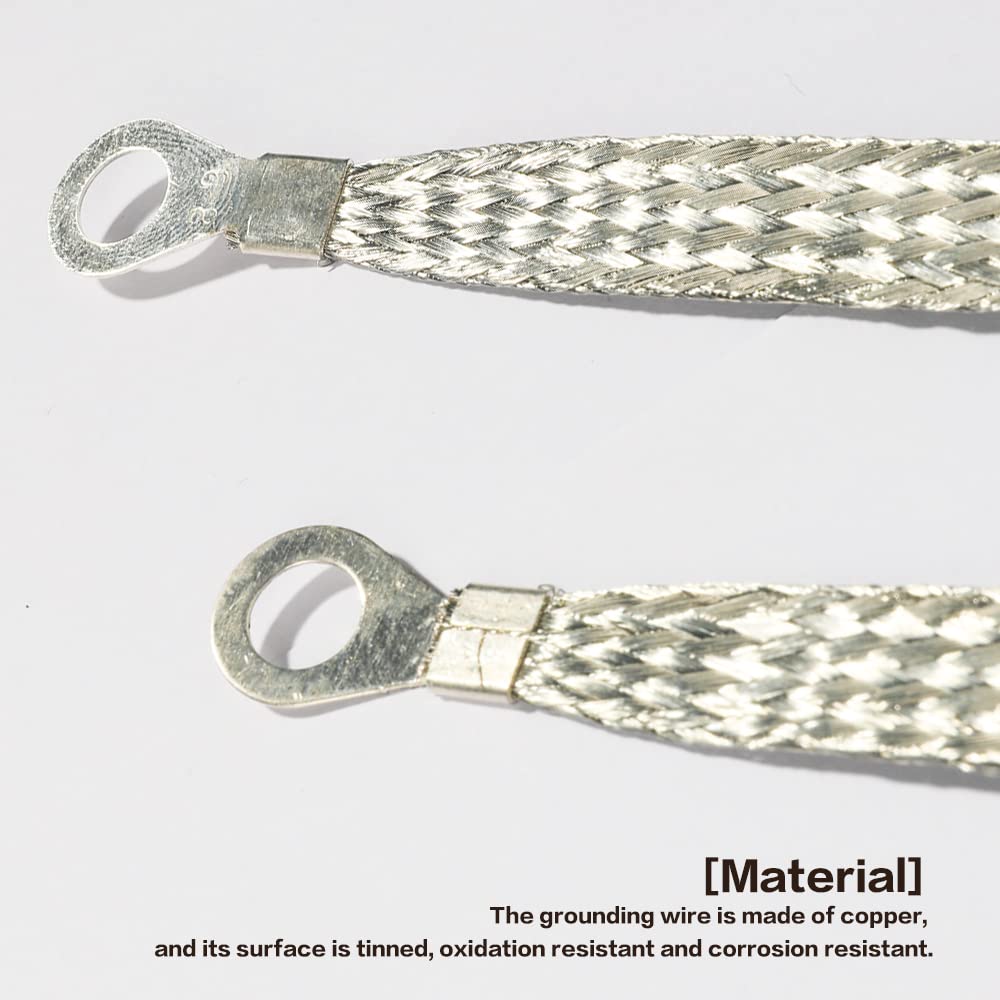 Universal Flat Braided Copper Ground Strap,Professional Vehicle Grounding Cable Straps with Terminals Plugs,Tinplate Silver Colo