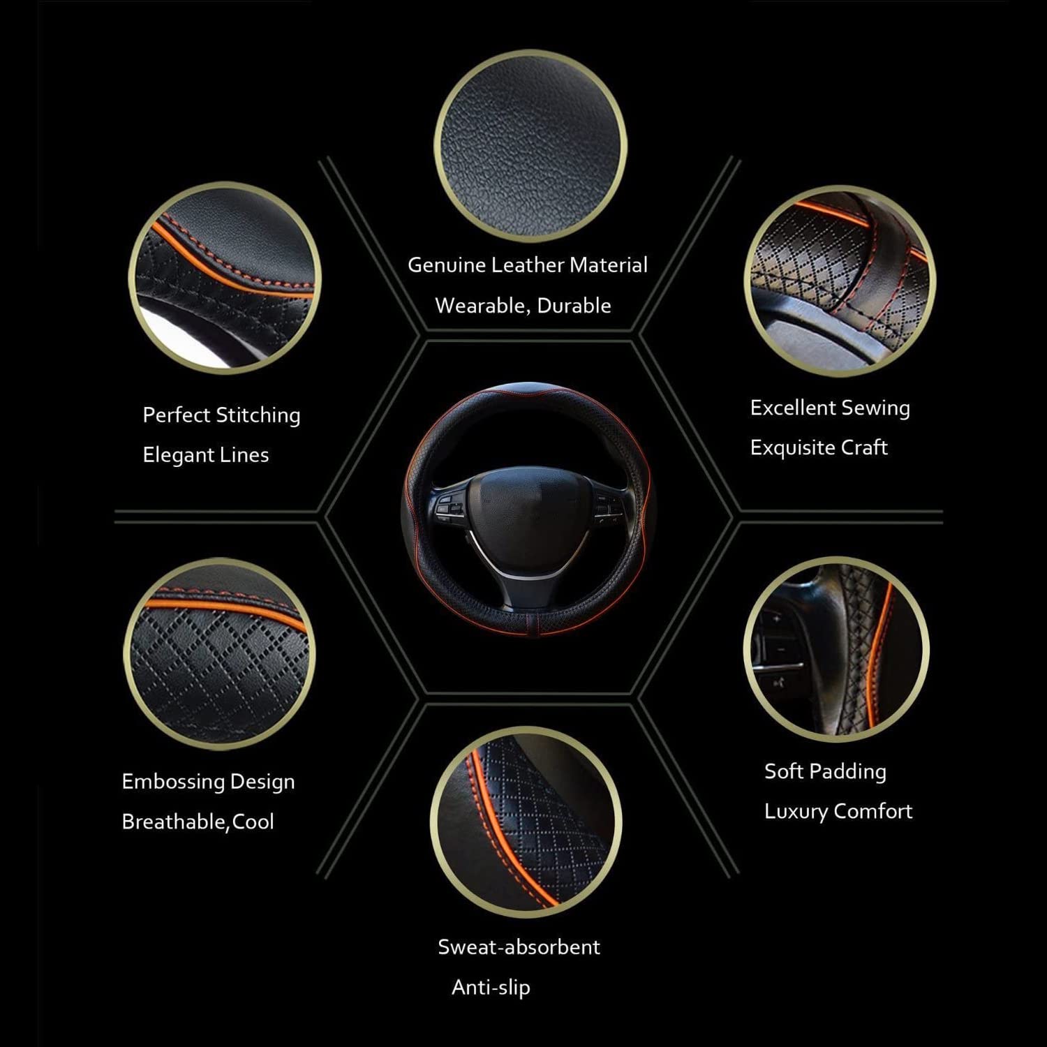 Car Steering Wheel Cover, Anti-Slip, Safety, Soft, Breathable, Heavy Duty, Thick, Full Surround, Sports Style (Black With Light Orange Line)