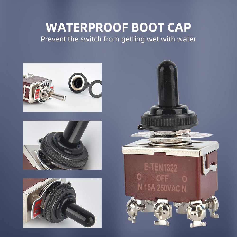 Cnaodun Waterproof Toggle Switch On-Off-On 30A 12Vdc/15A 250Vac 6 Pin 3 Position Marine Dpdt Switch With Weatherproof Boot Cap C