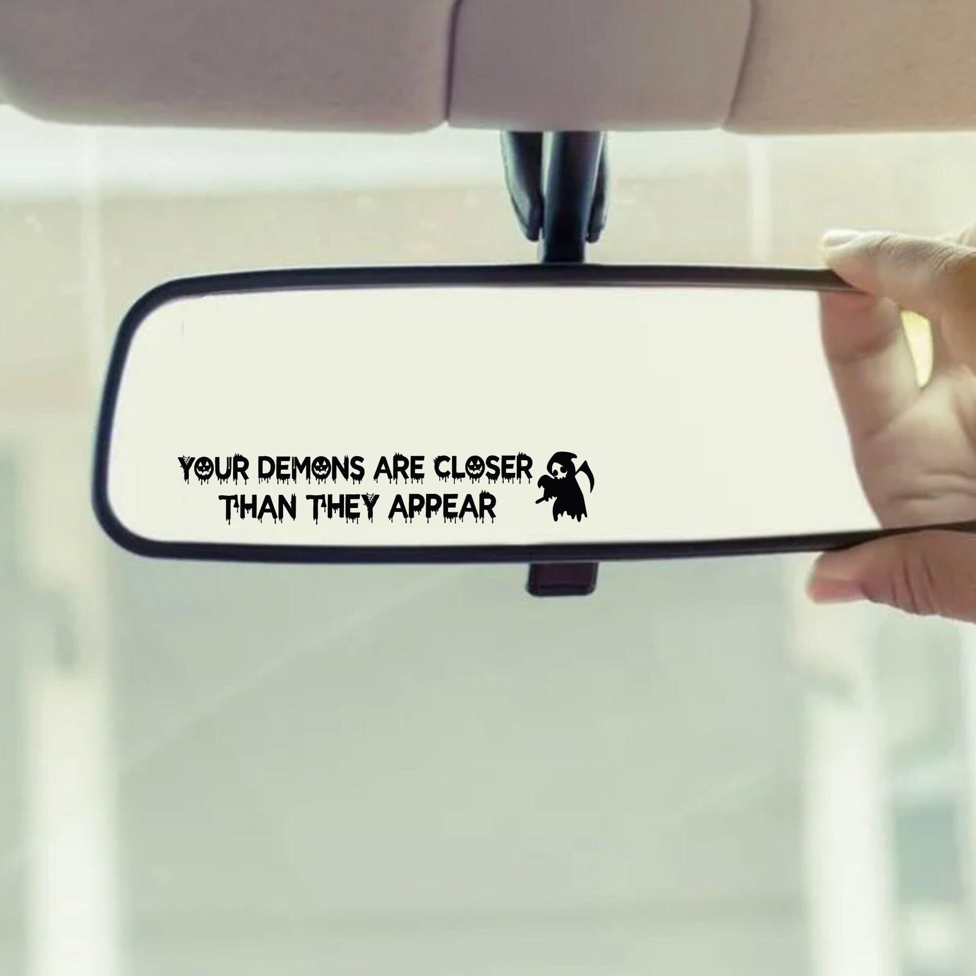 Funny Halloween Vanity Mirror Stickers - 2 Pcs, Rear View Mirror Sticker, Car Decorations, Goth Car Accessories (Your Demons Bla