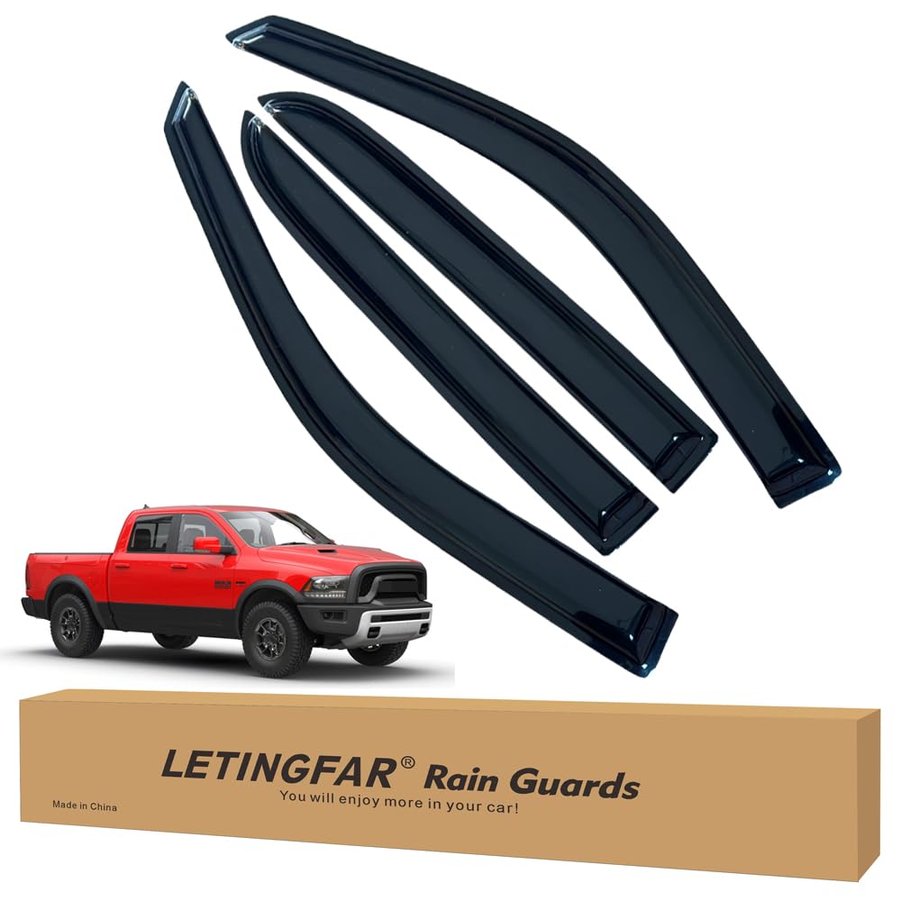 LETINGFAR Window Visors Rain Guards for Dodge Ram 1500 Crew Cab 2009 2010 2011 2012 2013 2014 2015 2016 2017 2018 Accessories, W