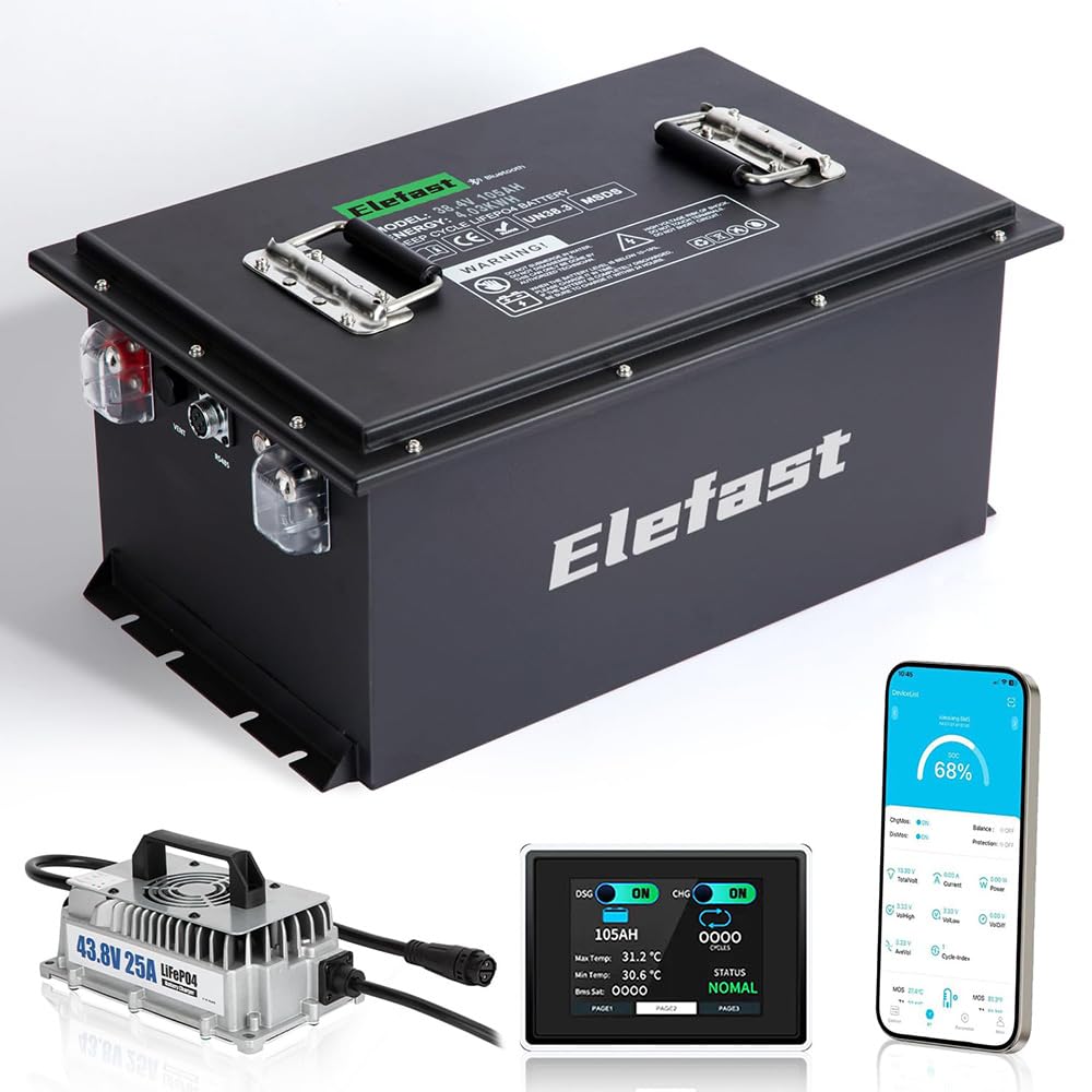 36V 105AH Lithium Golf Cart Battery with 2.8-inch LCD Touchscreen and 25A Fast Charger,Built-in Bluetooth and 200A BMS,Up to 600