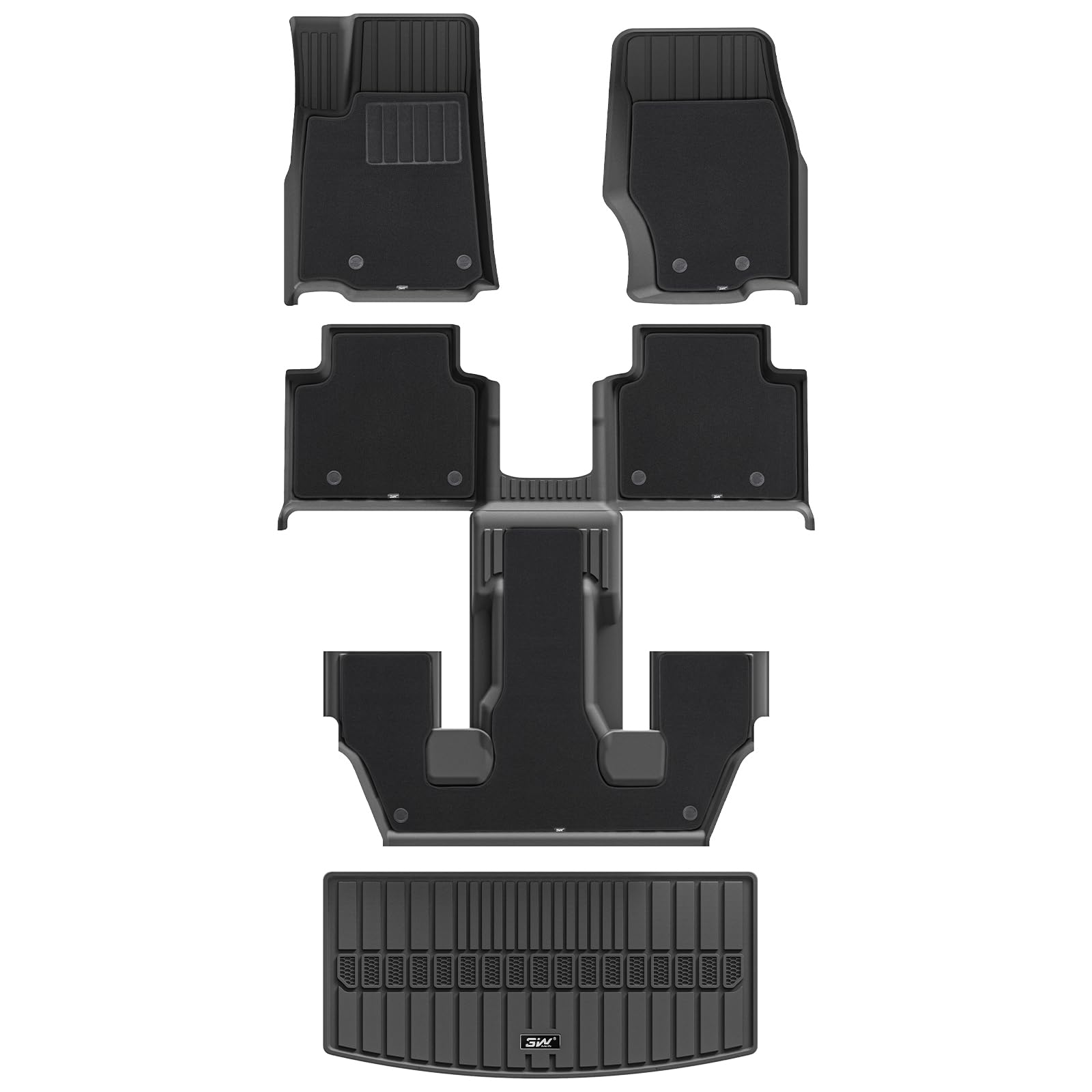 3W Floor Mats & Cargo Liner - Full Set (1St, 2Nd & 3Rd Row With Carpet) For Jeep Grand Cherokee L 2021-2025(Only For 6 Seat), Cu