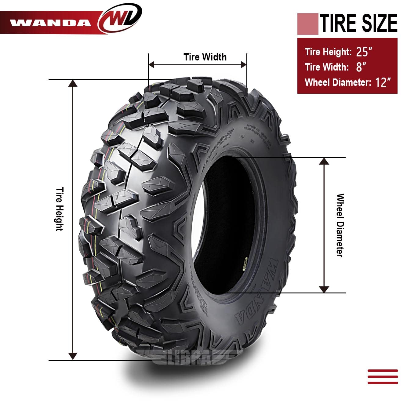 Wanda Set 4 Atv Utv Tires 25X8-12 25X8X12 Front & Rear 6Pr P3501 10375