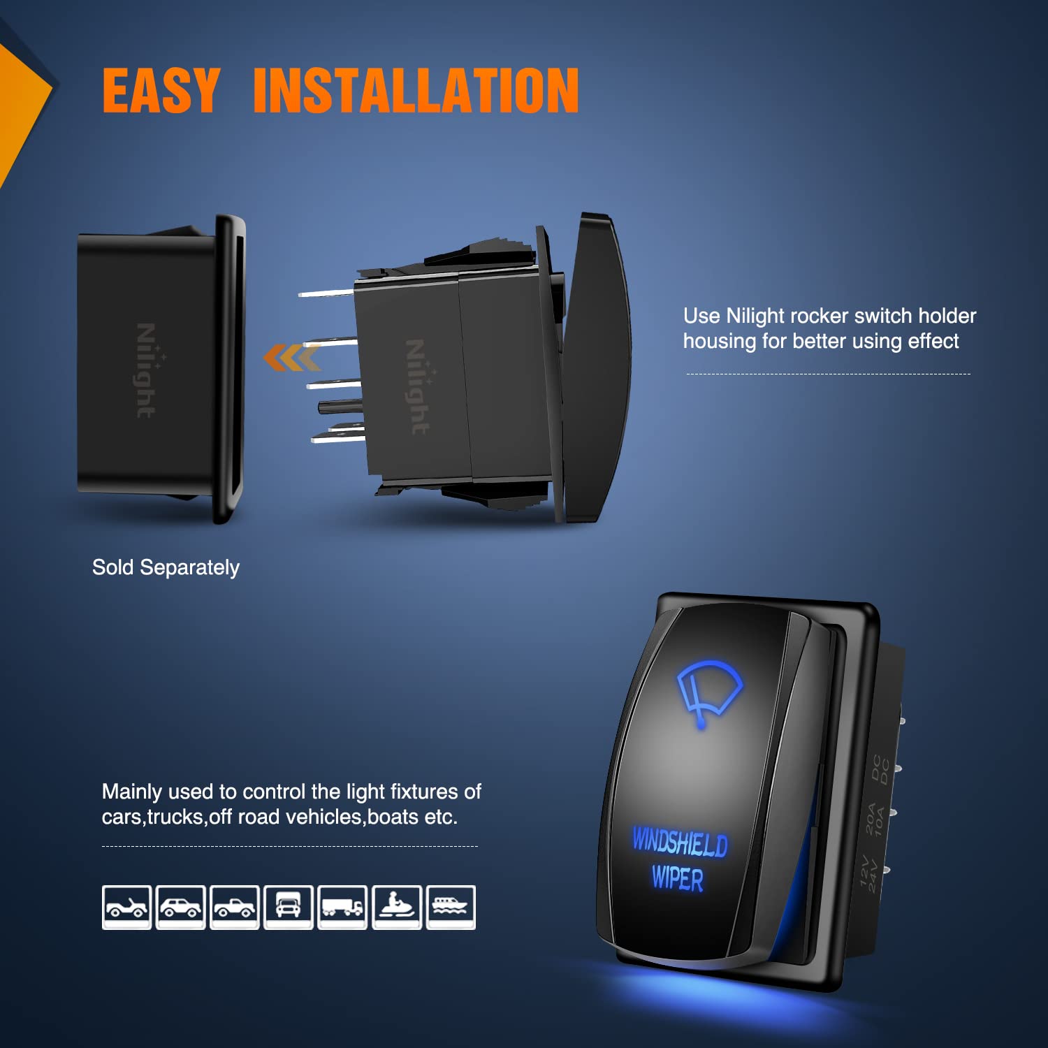 Nilight Windshield Wiper Rocker Switch Led Light Bar Switch 8Pin Laser (ON) On Off DPDT switches 20A/12V 10A/24V Switch Blue wit