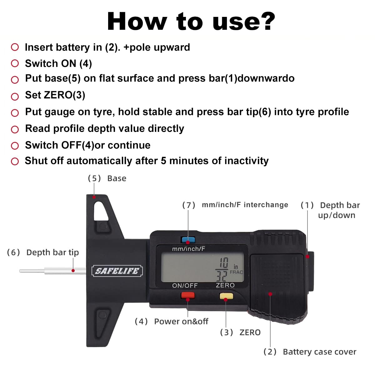 Safelife Digital Tire Tread Depth Gauge, 3 Modes-Fractional Inch, Decimal Inch And Millimeter, Zeroable Tire Tread Depth Gauge F