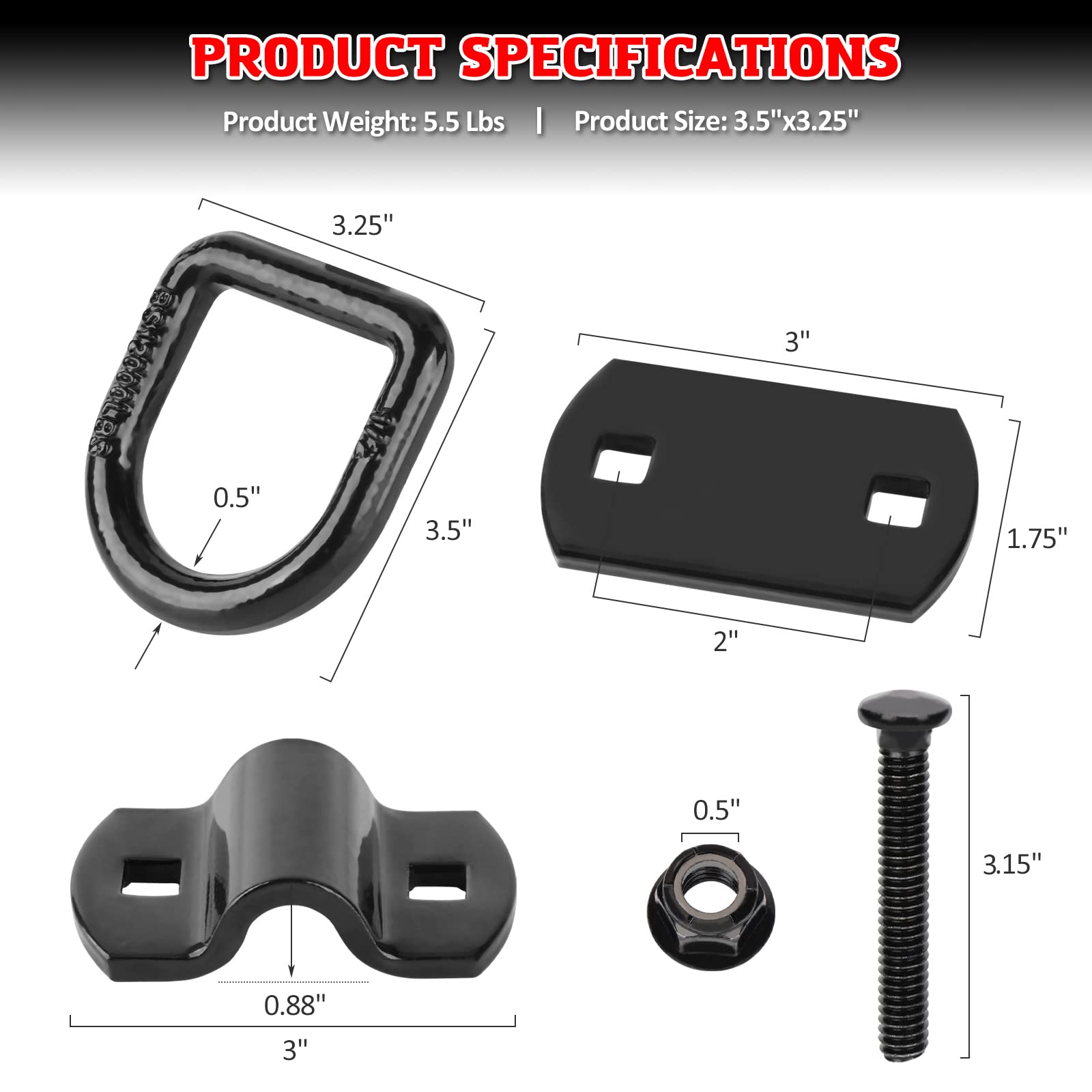 Autobots 1/2 Heavy Duty Bolt-On Forged D Ring, 12000Lbs Break Strength Tie Down Anchors Hooks, For Trailers, Trucks, And Cargo Tie Downs (Pack Of 4) Black