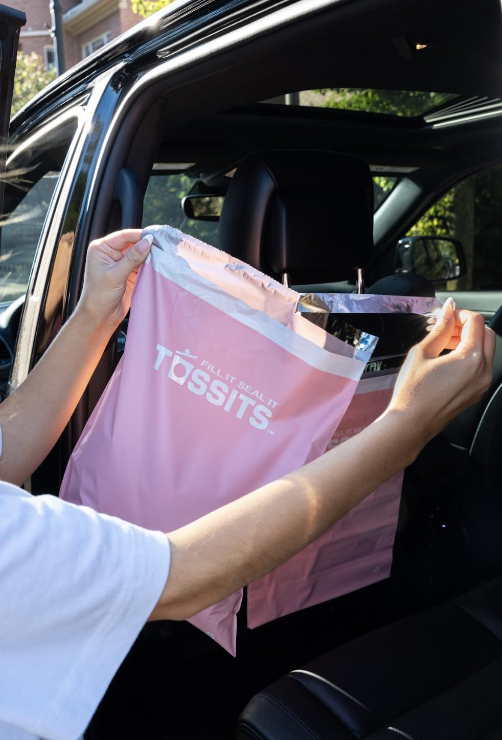 Tossits Disposable Car Trash Bag Hanging (Pink, Set Of 7) - Leak-Proof, Smell-Proof Automobile Trash Container, Eco-Friendly, Th