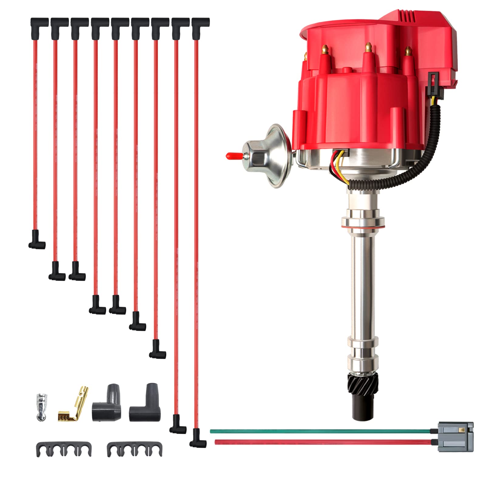Mas Racing Hei Distributor&Spark Plug Wires & Free Pigtail Wire Harness Combo Kit Red Cap Replacement For Chevy 283 302 307 327