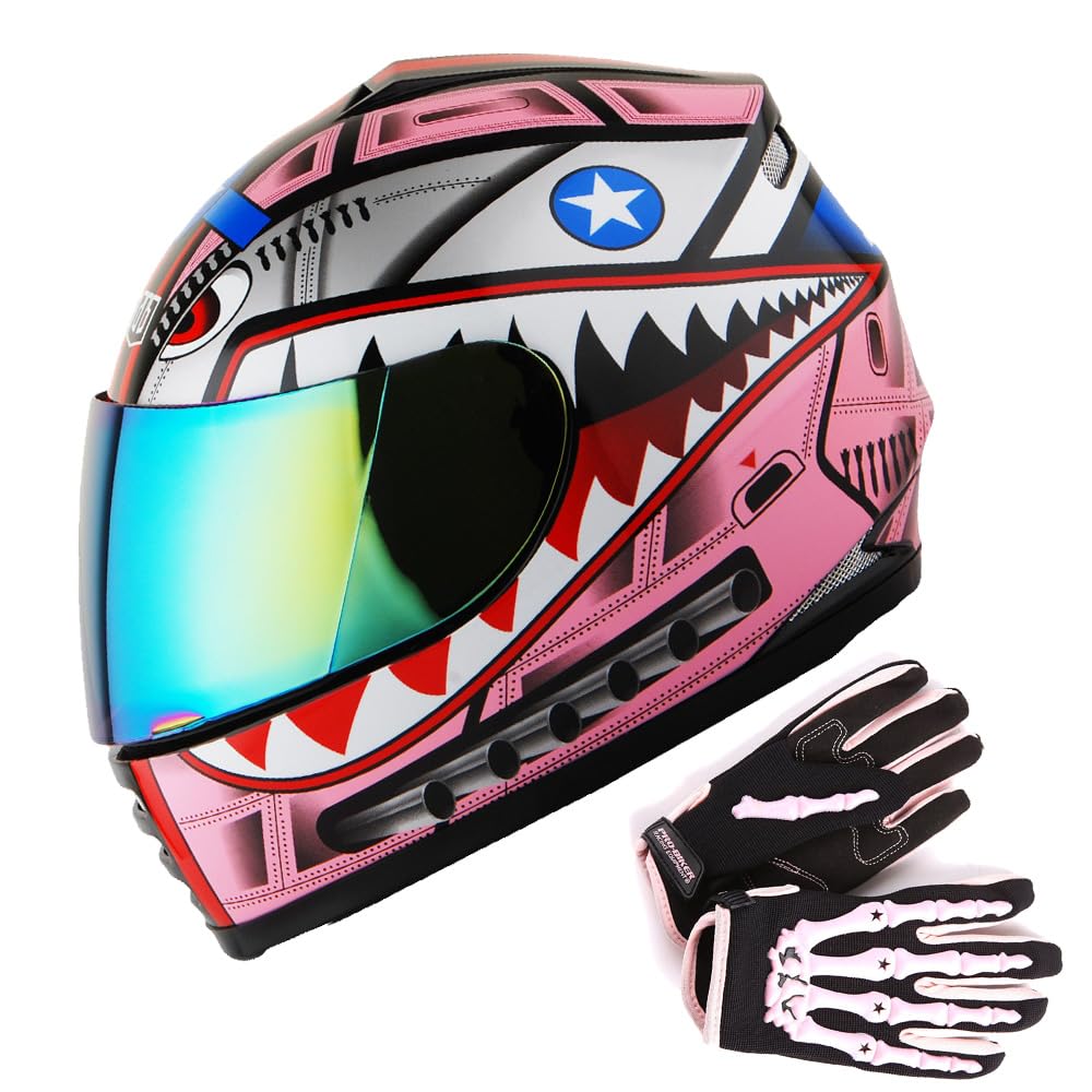 Wow Youth Motorcycle Full Face Helmet Street Bike Bmx Mx Kids Shark Pink + Mx Skeleton Glove Bundle