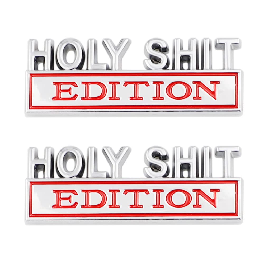 2 Pcs Holy Shit Edition Emblem Car Side Rear Front Hood Trunk Door Badge 3D Decal Sticker Fit For Car Truck Suv (Holy Shit, Silv