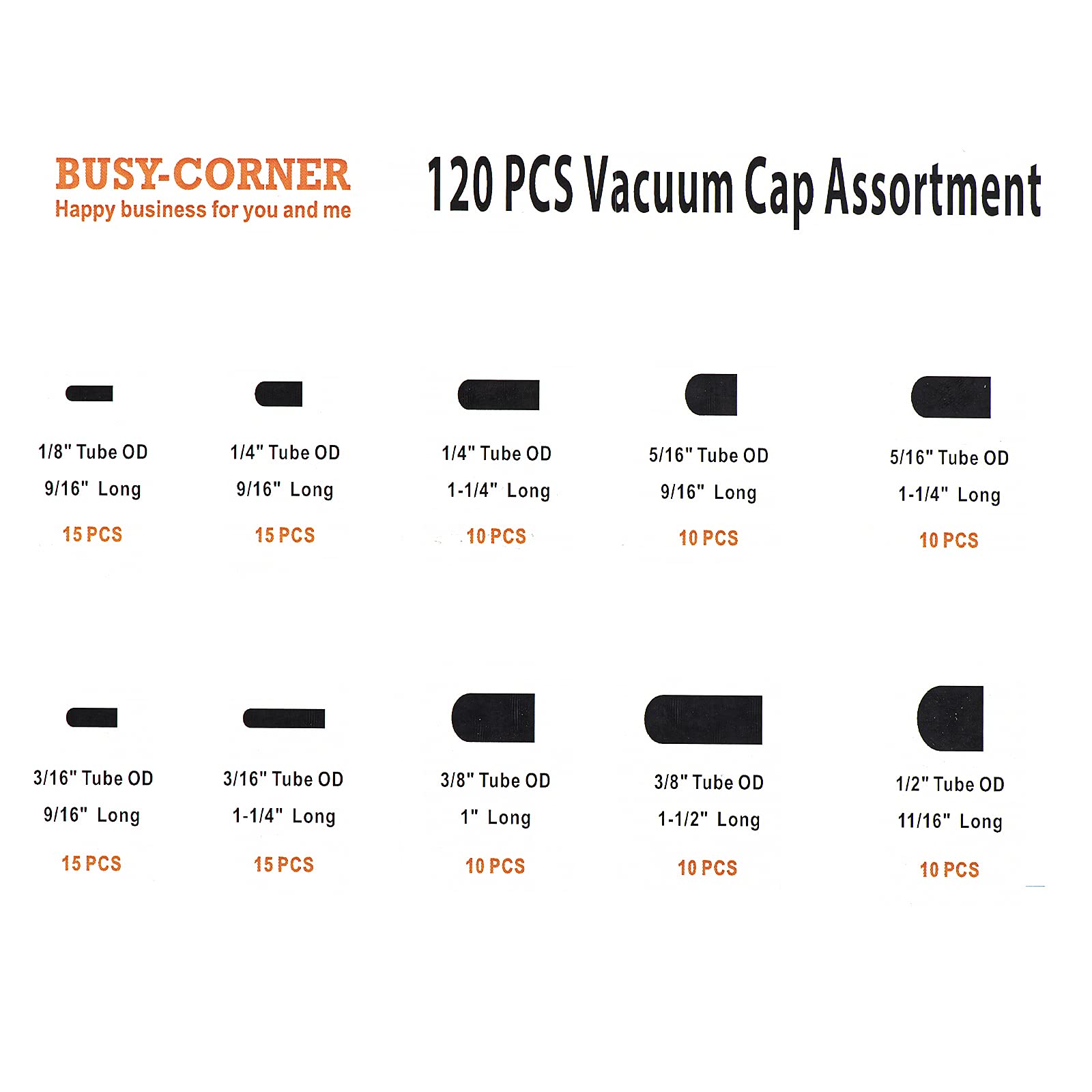 BUSY-CORNER 120 Pieces Rubber Vacuum Cap Assortment 10 Sizes Tube OD from 1/8'' to 1/2'' Sizes Automotive Carb Line Hose Caps Ki