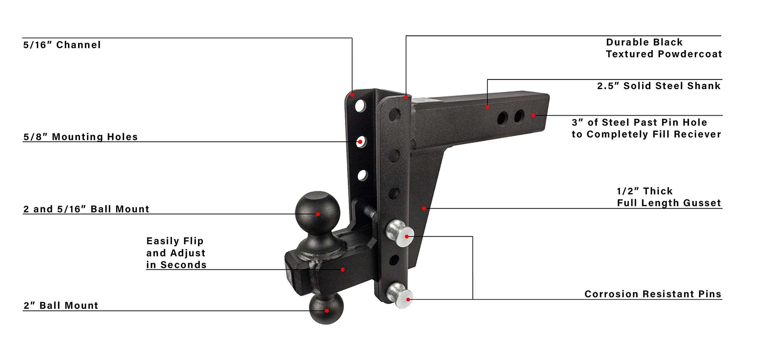 Bulletproof Hitches 2.5'' Adjustable Heavy Duty Trailer Hitch (22,000Lb Rating) - 6'' Drop/Rise Trailer Hitch With 2'' & 2-5/16'