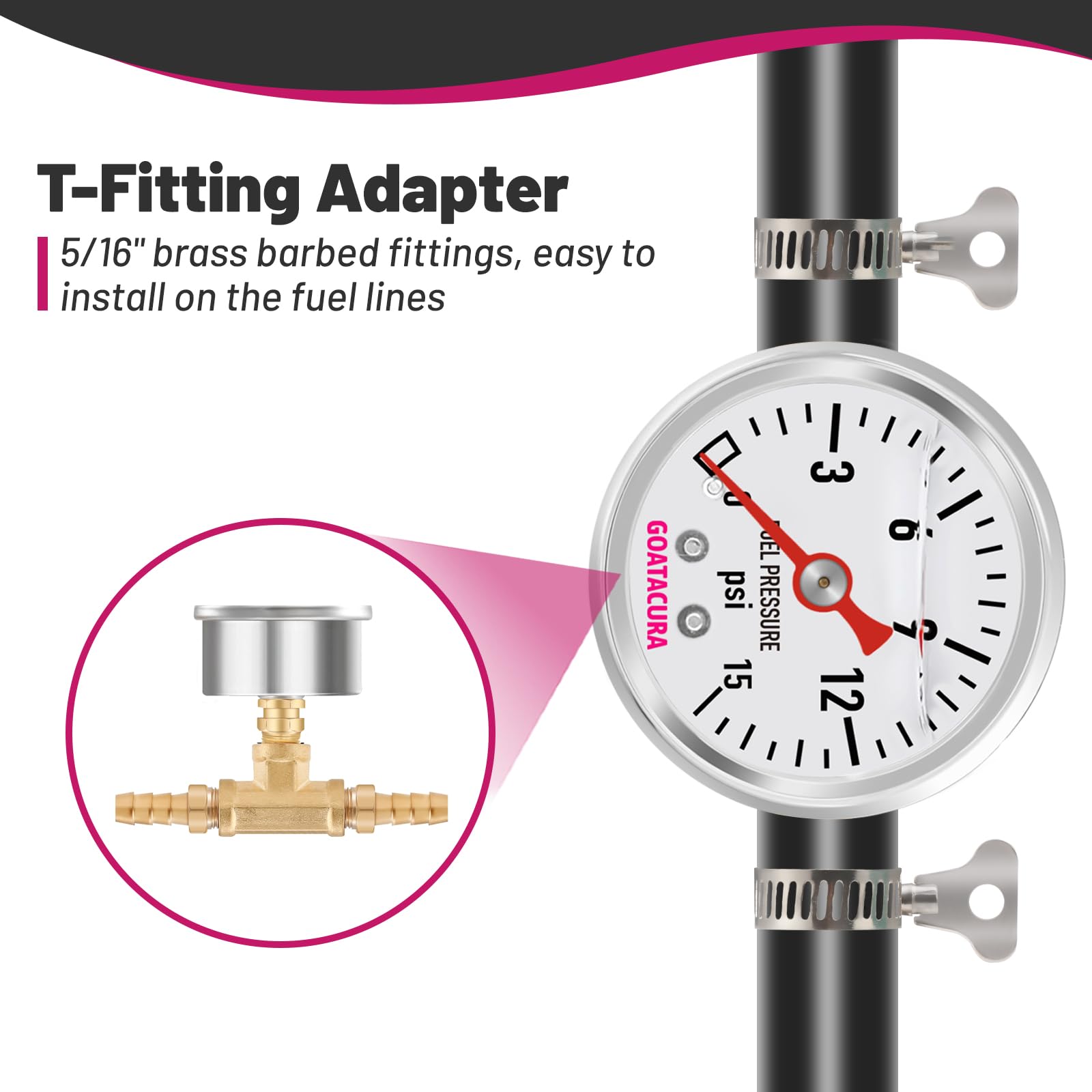 Goatacura 0-15Psi Glycerin Filled Fuel Pressure Gauge Kit, 1-1/2'' Dial Size, 304 Stainless Steel Case, 5/16'' Fuel Line Fuel Pr