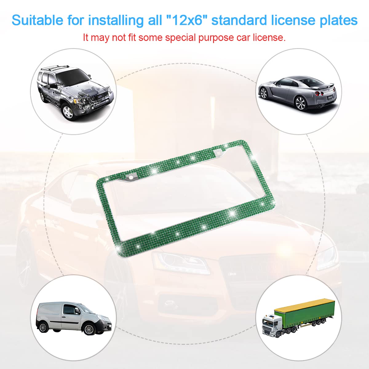 Yalok Bling Car License Plate Frame, Sparkly Rhinestone Stainless Steel License Plate Cover/Holder, Universal For Most Cars, Suvs, Vehicles With Screw Set, Auto Accessories For Women (Dark Green)