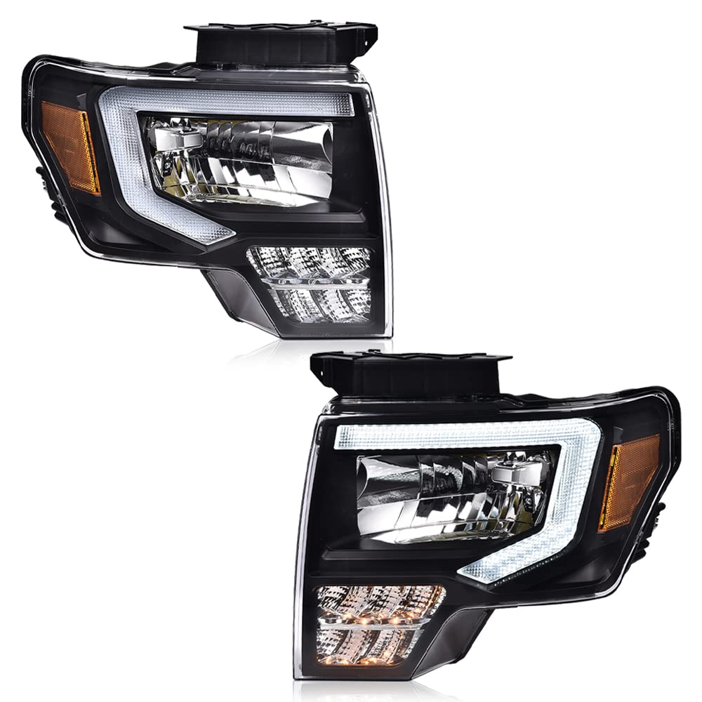 Pit66 Led Headlight Assembly Compatible With Ford F150 2009 2010 2011 2012 2013 2014, Driver & Passenger Clear Lens Black Housin