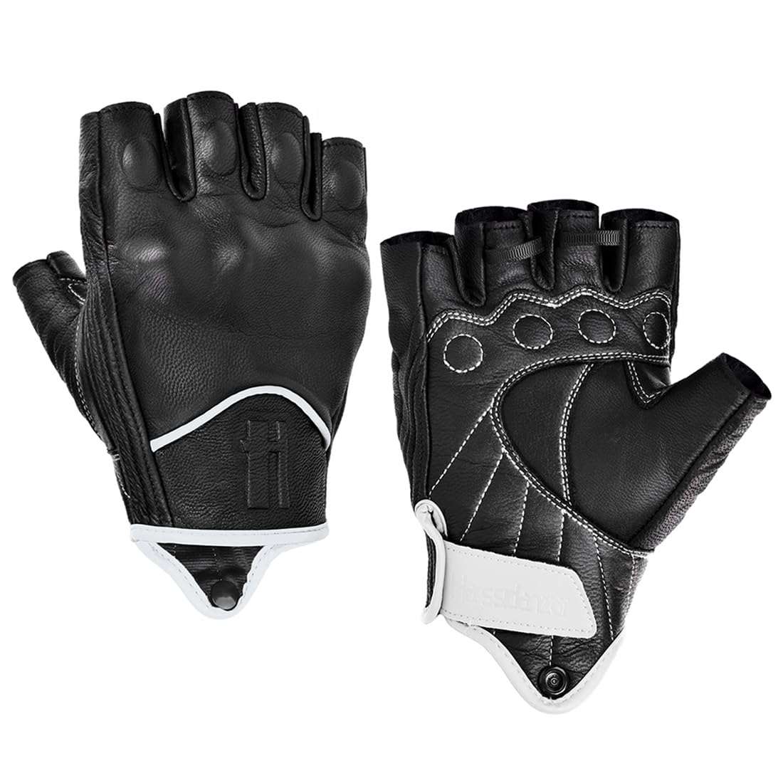 Harssidanzar Fingerless Motorcycle Gloves For Mens Leather Riding Driving Half Finger Gloves Gm037, Black/White, Size Small