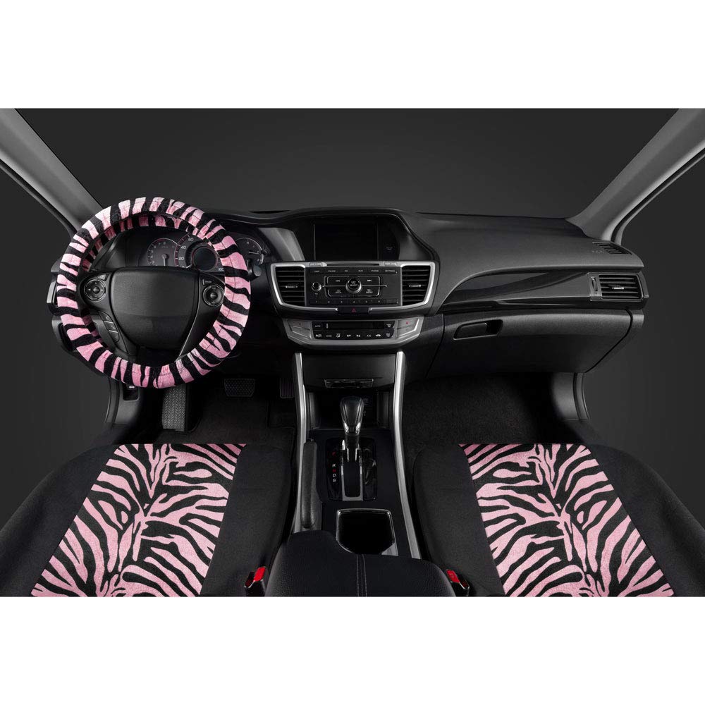 Bdk Velvet Zebra Pink Car Seat Covers, Full Set With Seat Belt Pads & Steering Wheel Cover, Universal Fit