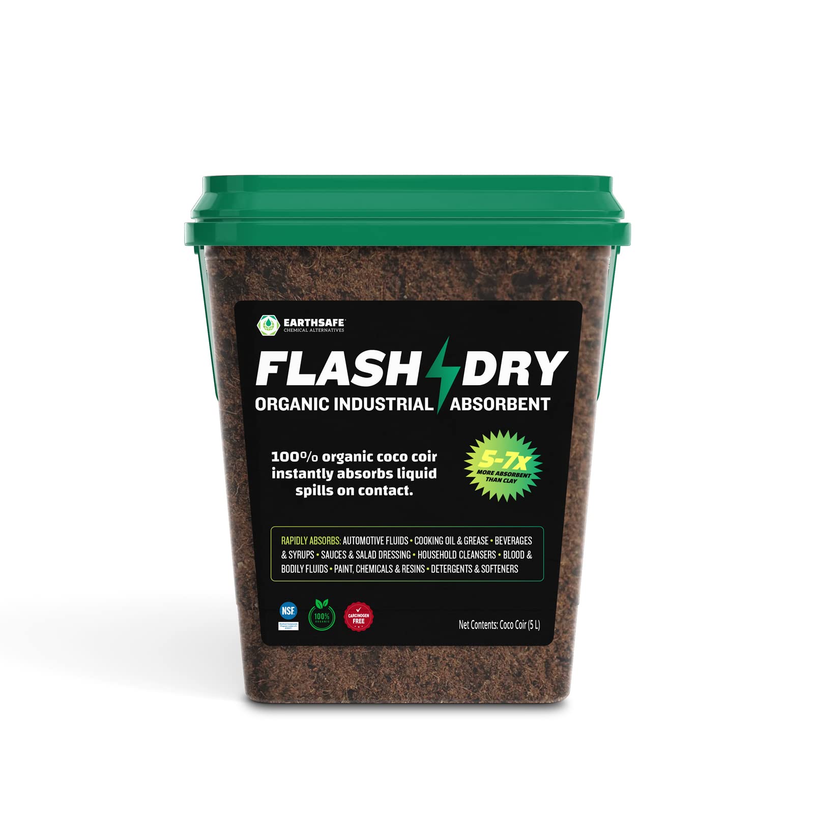 Flashdry 5 Liter Bucket Of Super Spill Absorbent, 100% Organic Environmentally Friendly - For Oil, Paint, Grease And More In Garages, Kitchens, Janitor Kits, Safer And More Effective Than Clay Litter