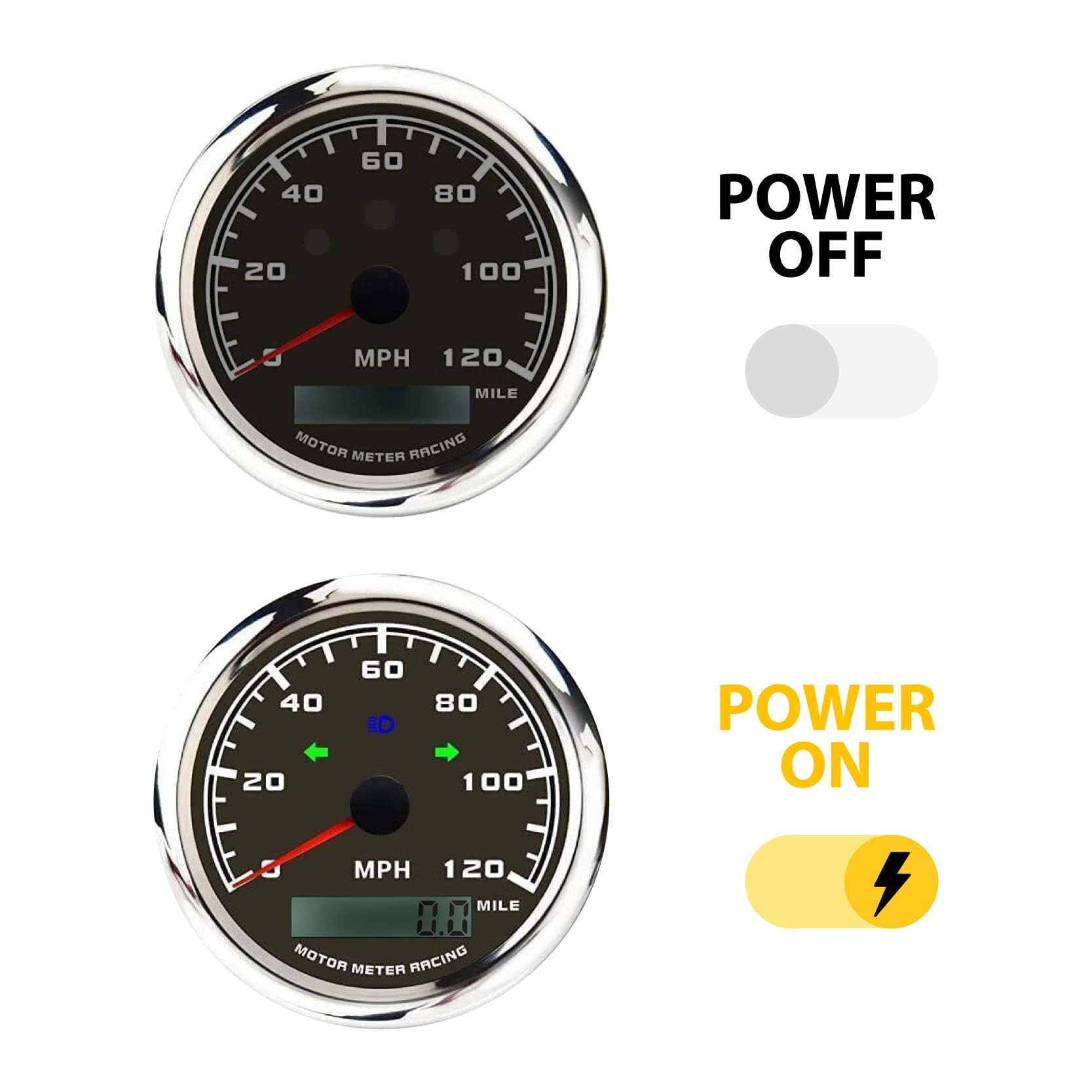 MOTOR METER RACING GPS Speedometer 120 MPH Black Dial Waterproof Odometer for Car, Truck, Motorcycle, Marine - Model MMSP270-GPS-120BT-MP