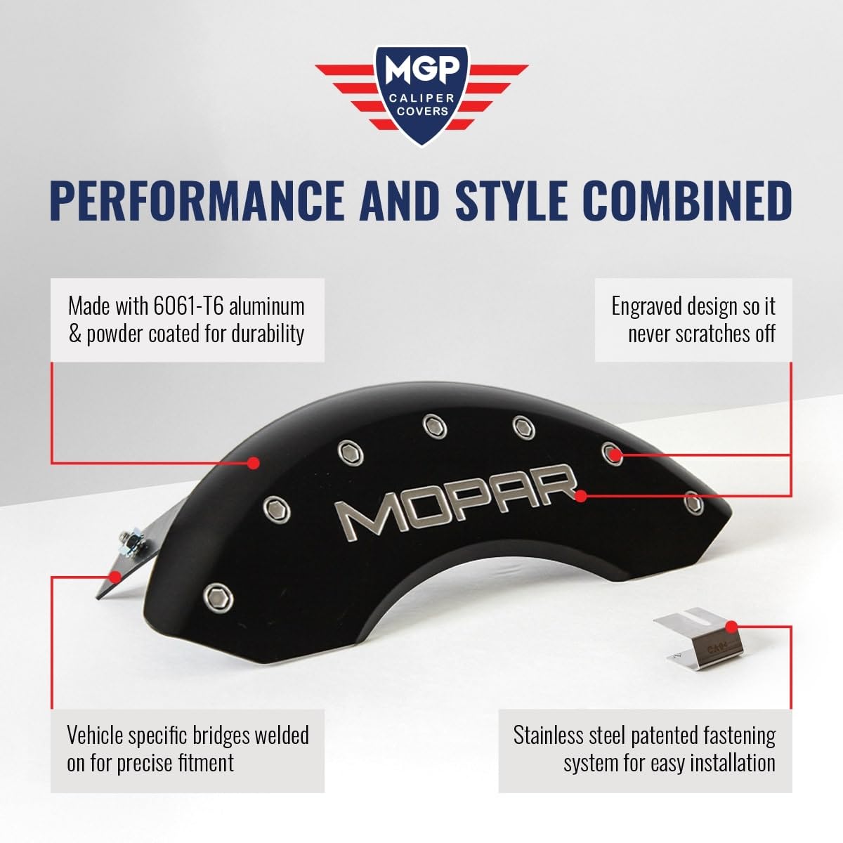 MGP Caliper Covers Set of 4 for 2011-2025 Dodge Durango, Red Aluminum, Engraved Silver RT1 Logo, Requires 17" Wheels or Larger